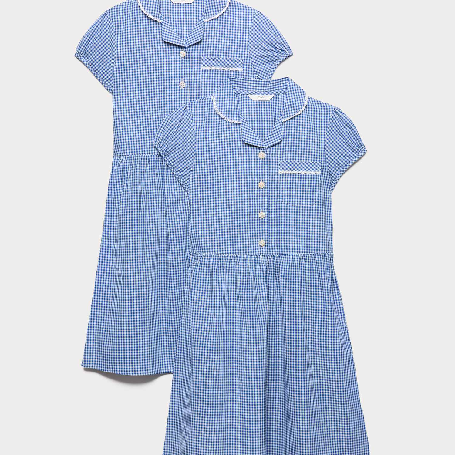M&S Girls 2 Pack Cotton Rich Gingham Dresses (2-14 Yrs) - 8-9 Years - Royal Blue