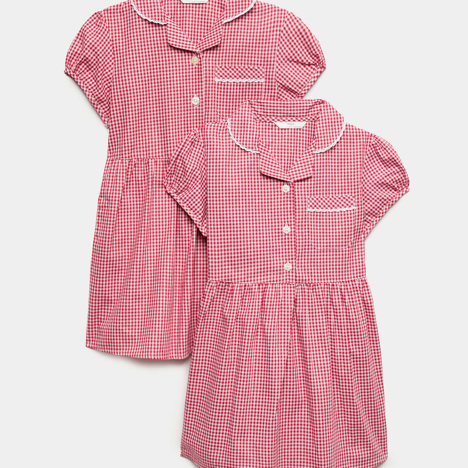 M&S Girls 2 Pack Plus Fit Gingham School Dresses (2-15 Yrs) - 13-14 Years - Red Mix