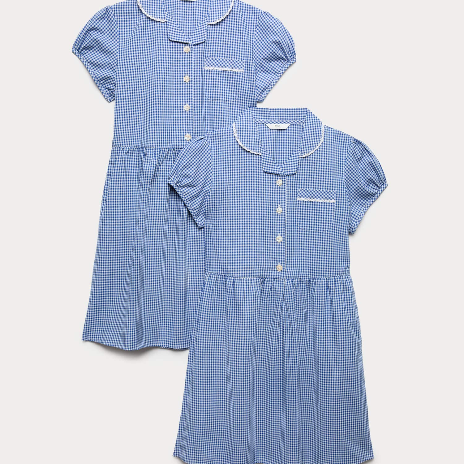 M&S Girls 2 Pack Plus Fit Gingham School Dresses (2-15 Yrs) - 6-7 Years - Mid Blue