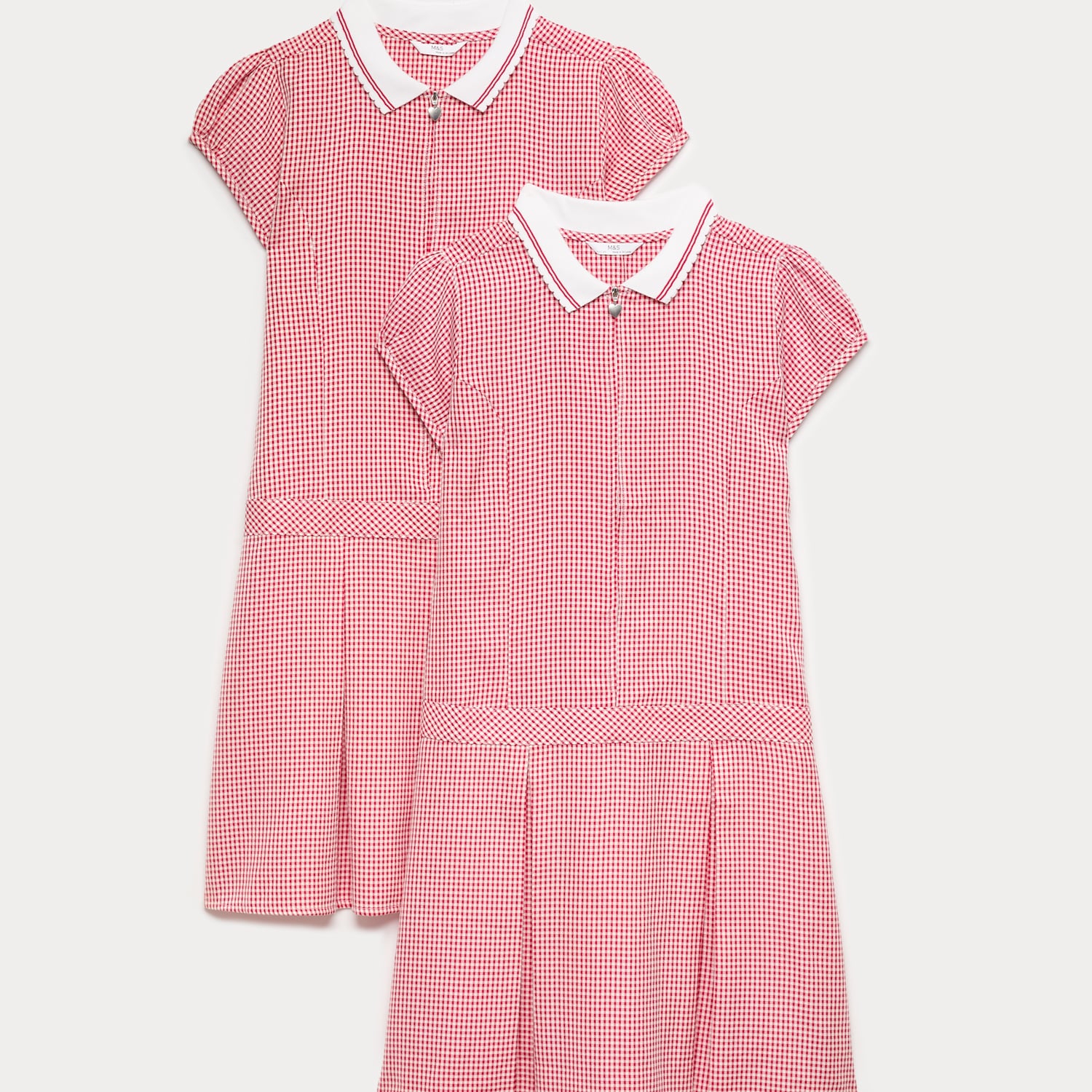M&S Girls 2 Pack Zip Gingham School Dresses (2-14 Yrs) - 8-9 Years - Red
