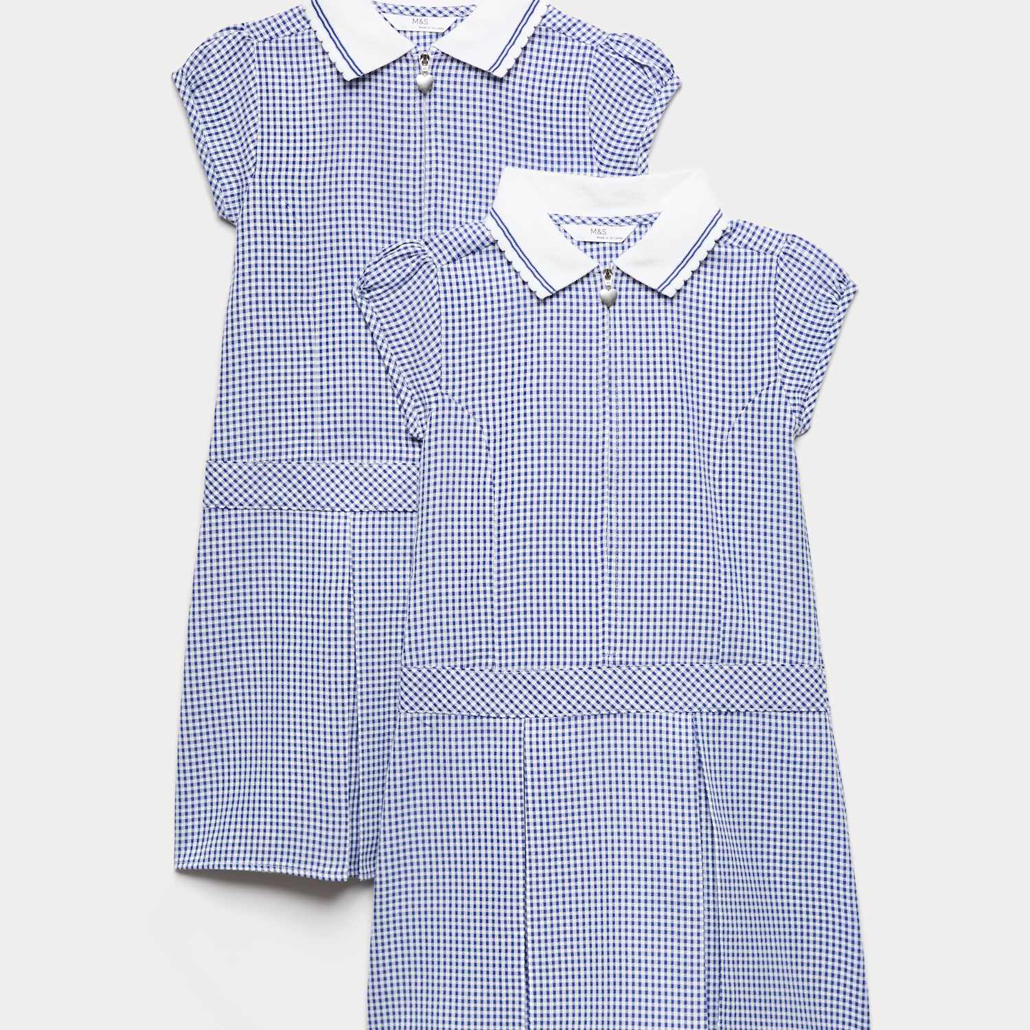 M&S Girls 2 Pack Zip Gingham School Dresses (2-14 Yrs) - 7-8 Years - Navy