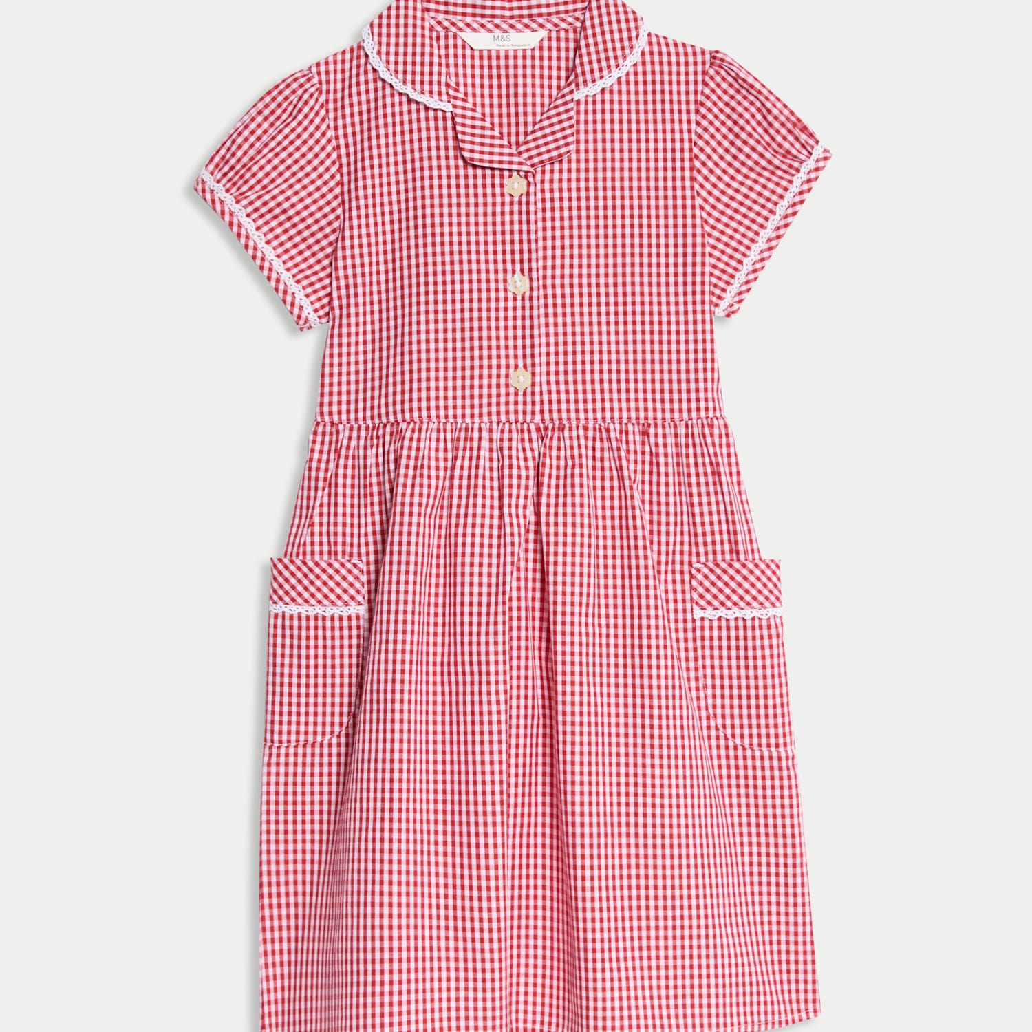 M&S Girls Pure Cotton Gingham School Dress (2-14 Yrs) - 5-6 Years - Red