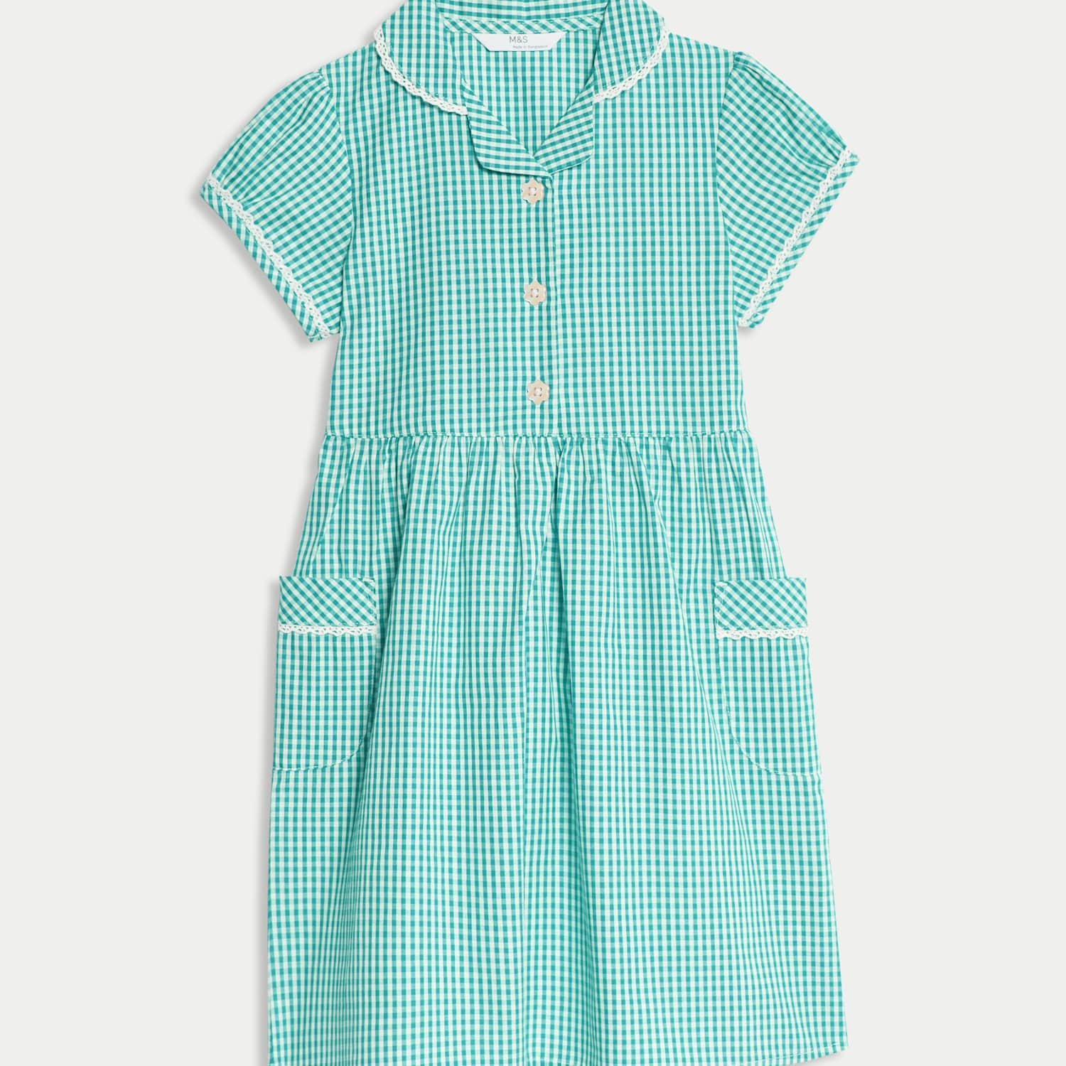 M&S Girls Pure Cotton Gingham School Dress (2-14 Yrs) - 13-14 Years - Green