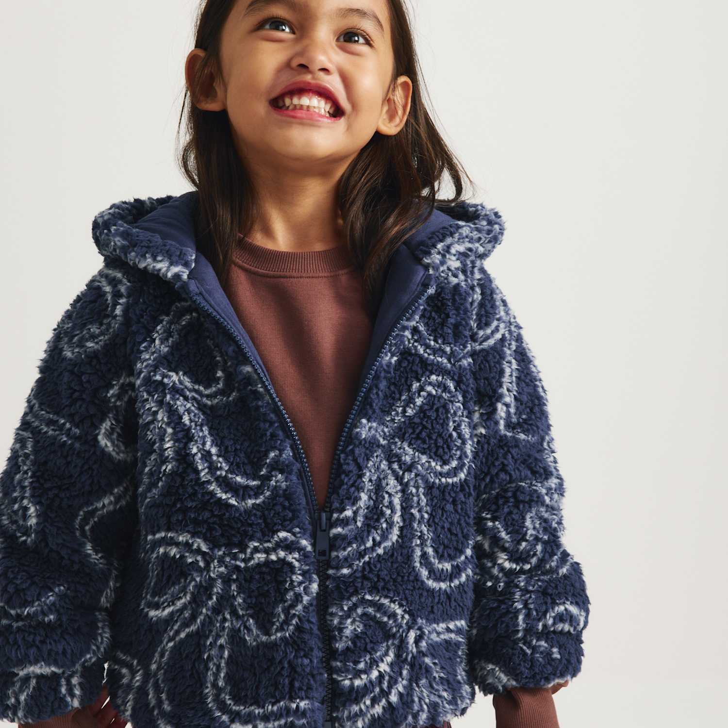 M&S Girls Bow Print Borg Jacket (2-10 Yrs) - 8-9 Years - Navy