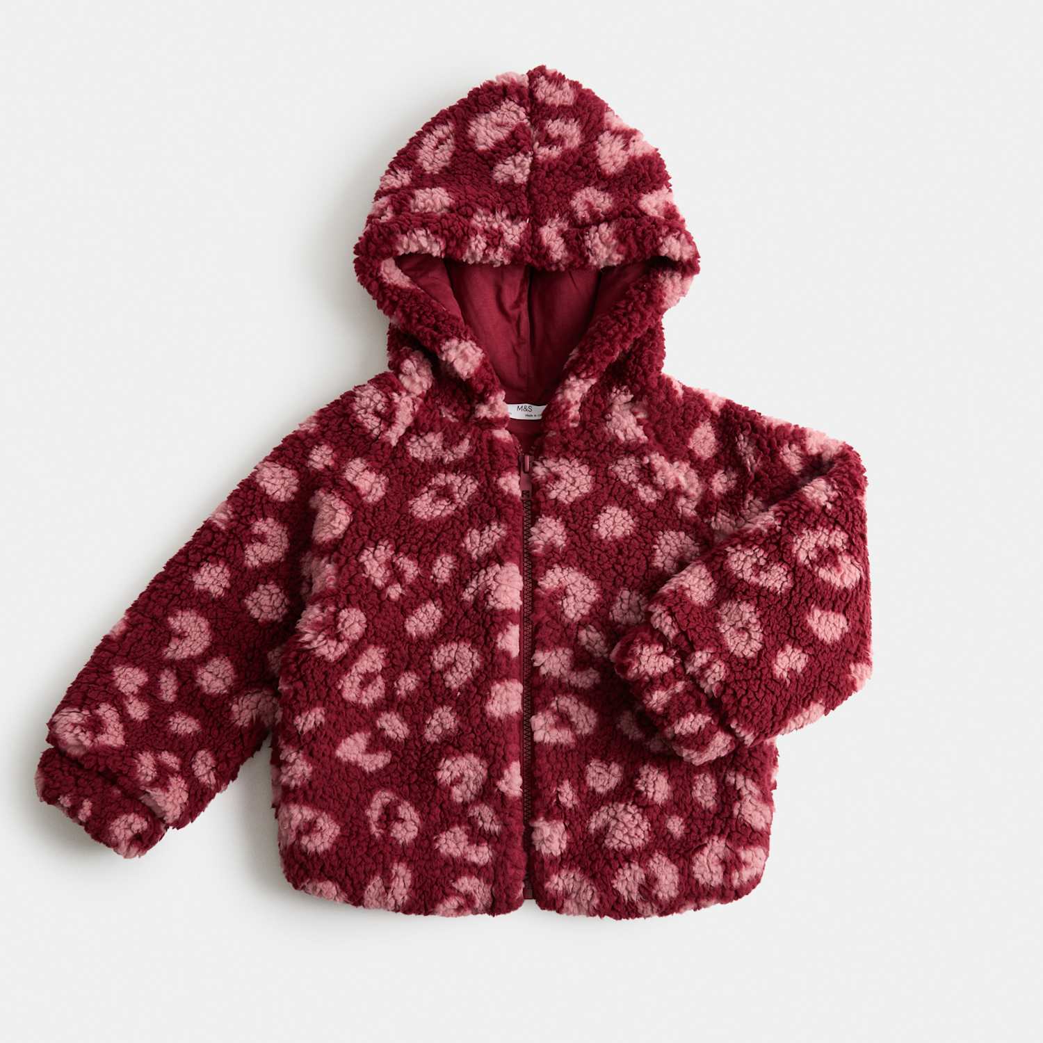 M&S Girls Animal Print Borg Jacket (2-10 Yrs) - 2-3 Years - Burgundy