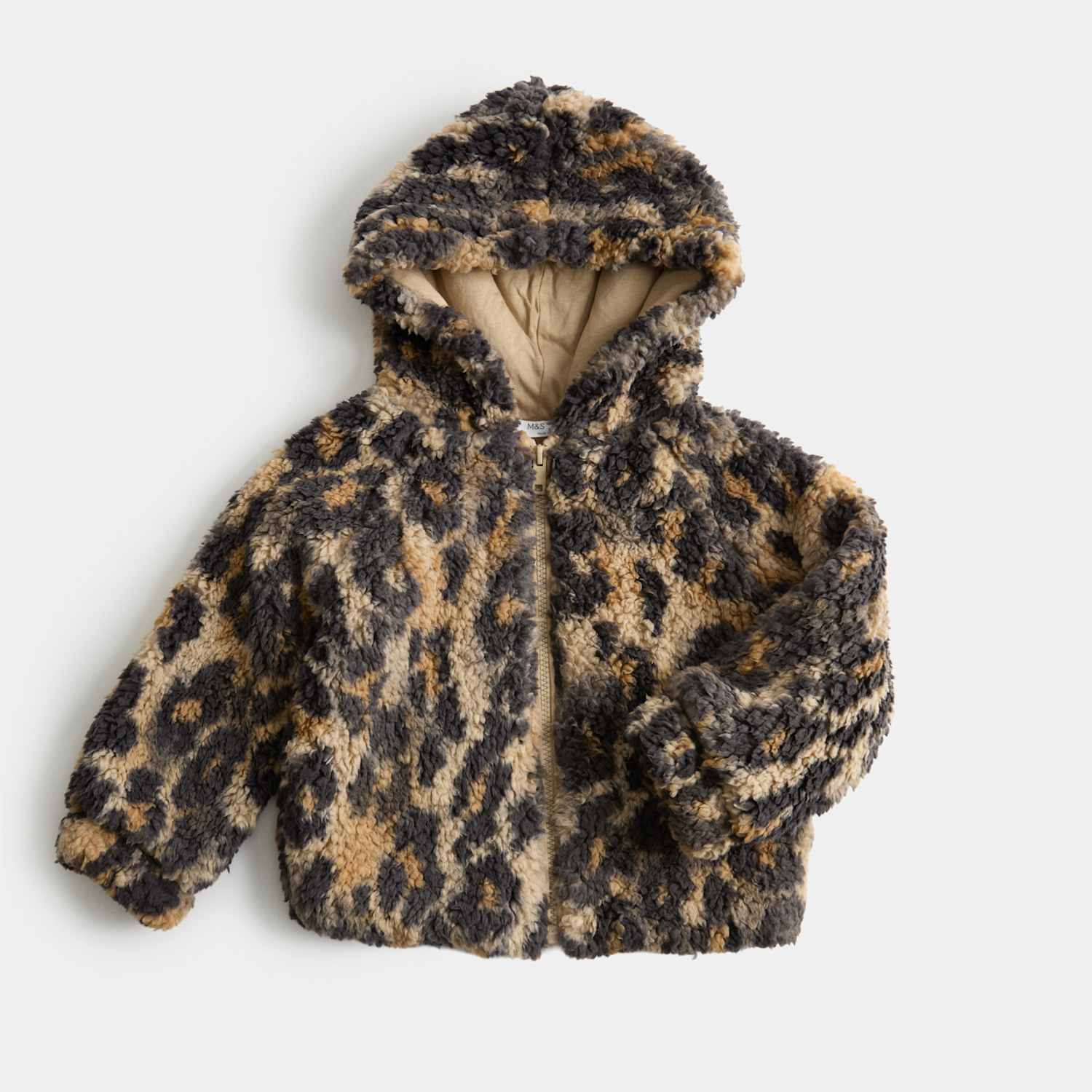 M&S Girls Leopard Print Hooded Borg Jacket (2-10 Yrs) - 2-3 Years - Brown Mix