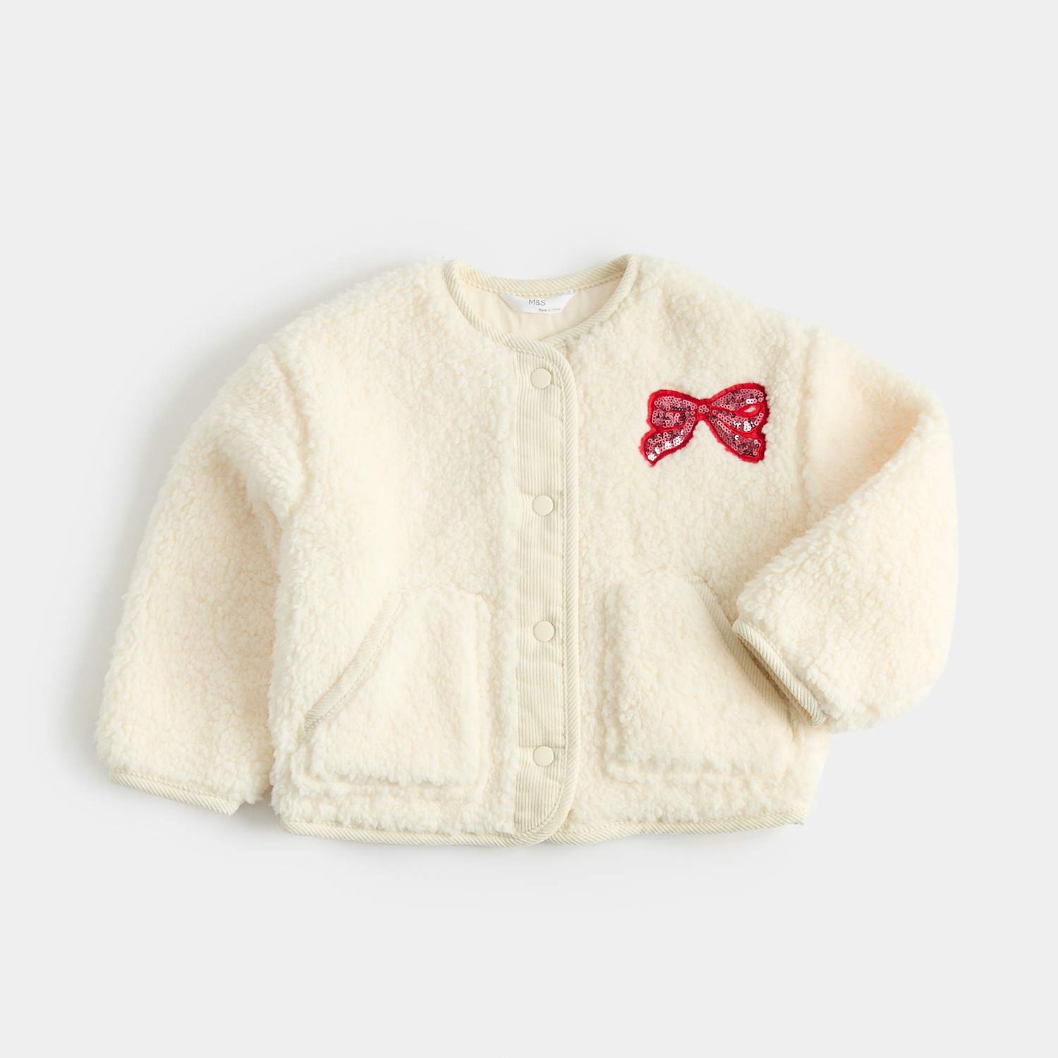 M&S Girls Sequin Round Neck Borg Jacket - 9-10 Years - Light Cream