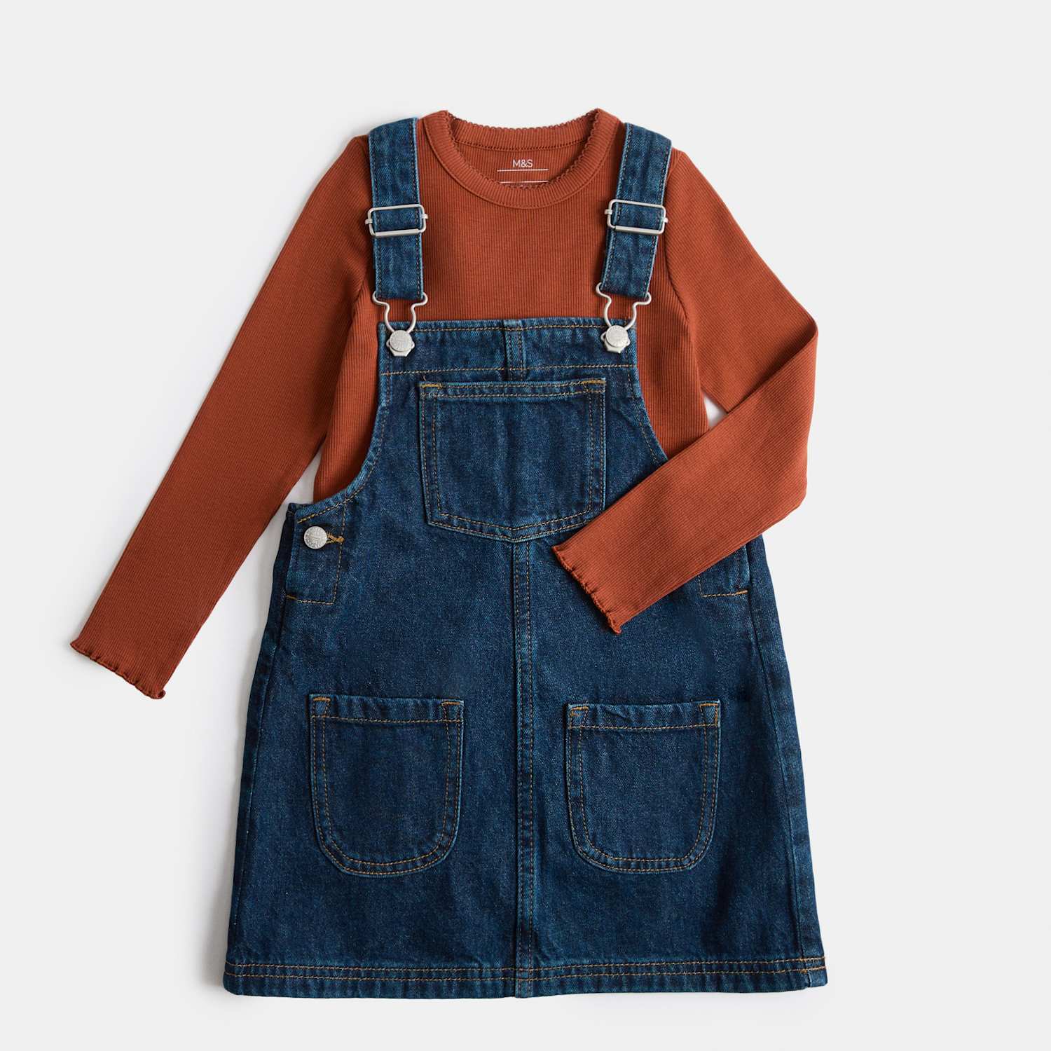 M&S Girls 2 Piece Denim Pinafore Outfit (2-10 Yrs) - 2-3 Years