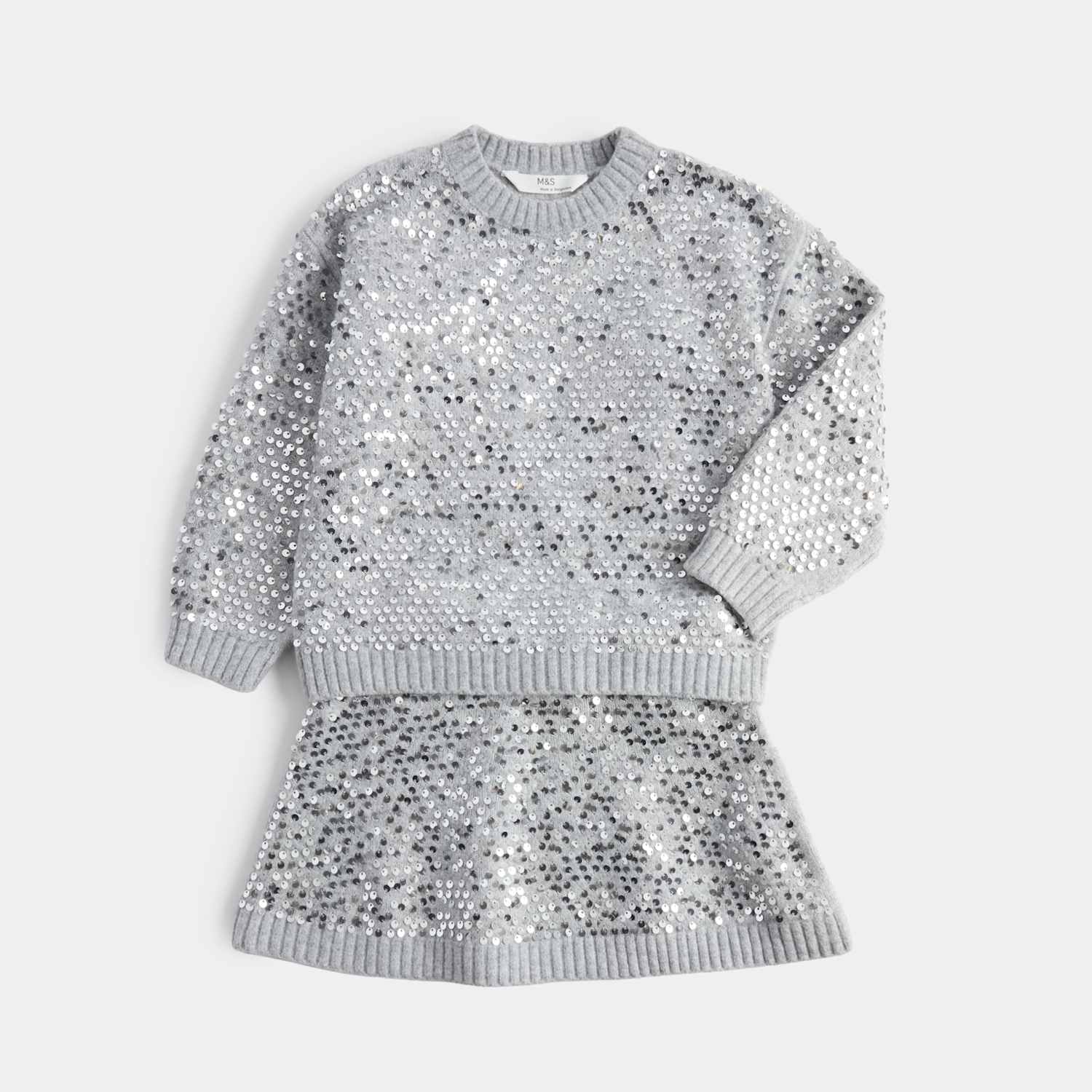 M&S Girls Sequin Knitted Top & Bottom Outfit (2-8 Yrs) - 2-3 Years - Silver Mix