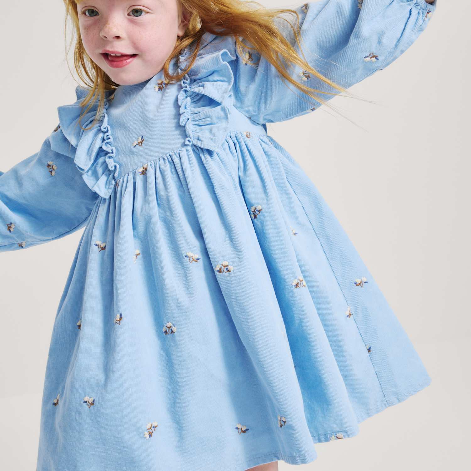 M&S Girls Pure Cotton Frill Floral Embroidered Dress (1-8 Yrs) - 7-8 Years - Light Blue Mix