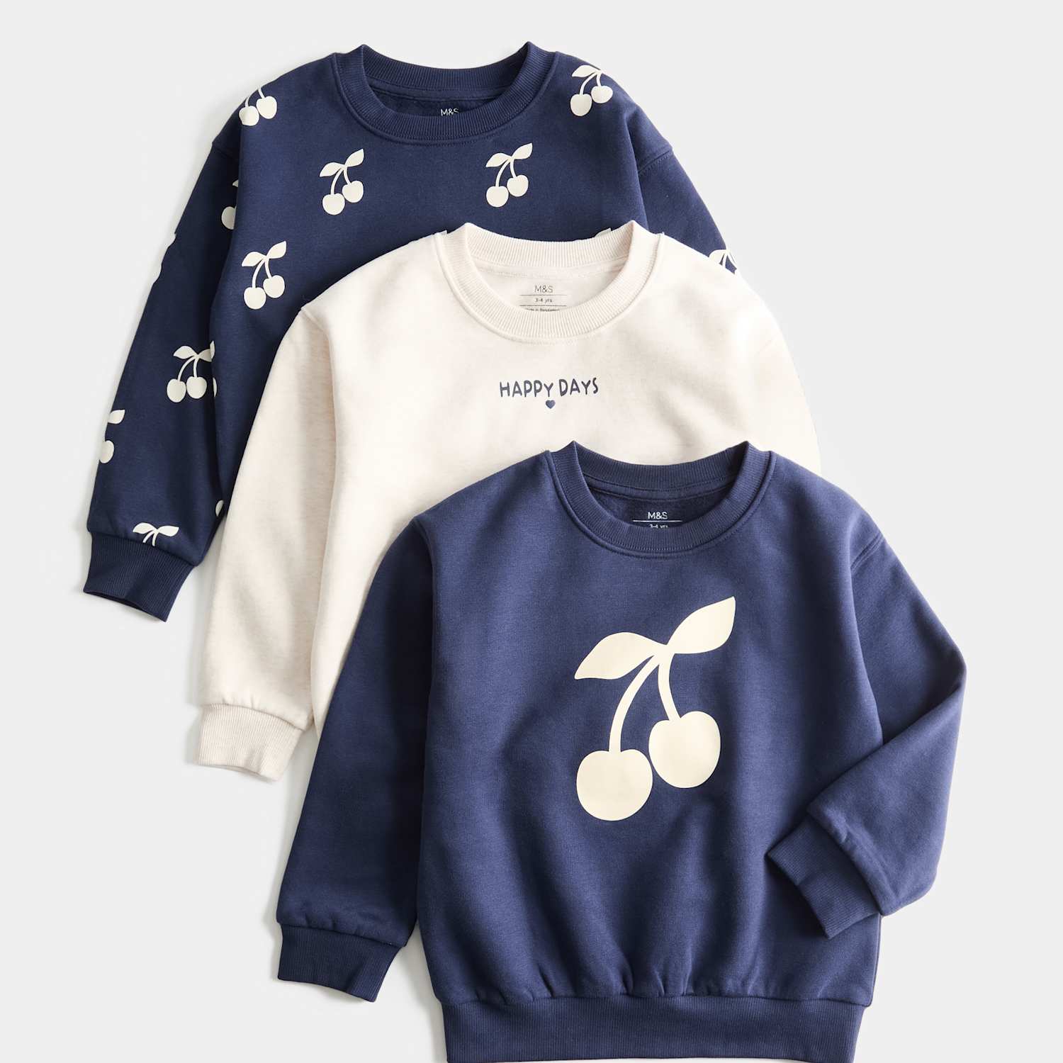 M&S Girls 3 Pack Cotton Rich Cherry Sweatshirts (2-8 Yrs) - 5-6 Years - Multi