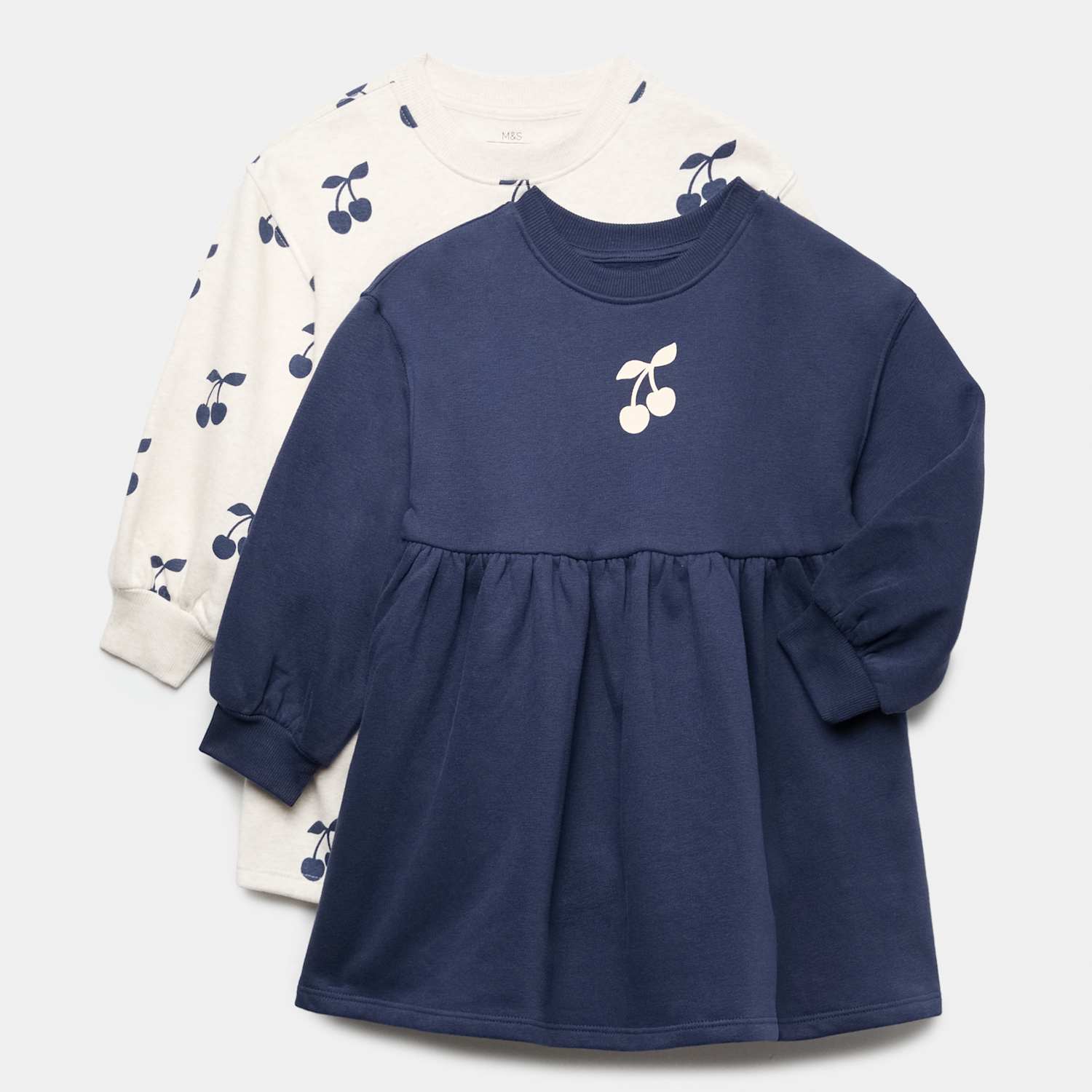 M&S Girls 2 Pack Cotton Rich Cherry Sweatshirt Dresses (2-8 Yrs) - 2-3 Years - Navy Mix