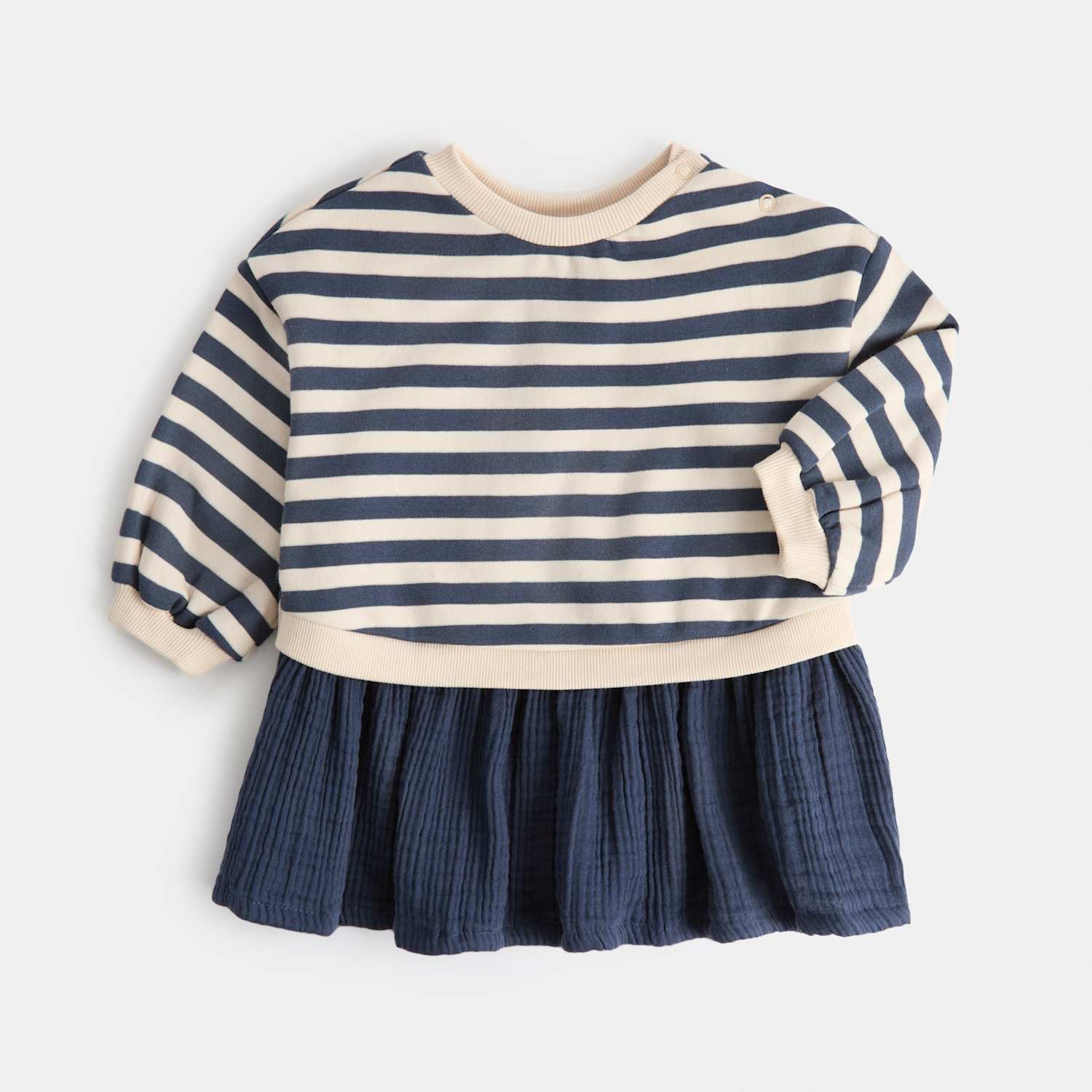 M&S Girls Cotton Rich Dress with Striped Top (0-3 Yrs) - 6-9 Months - Blue Mix