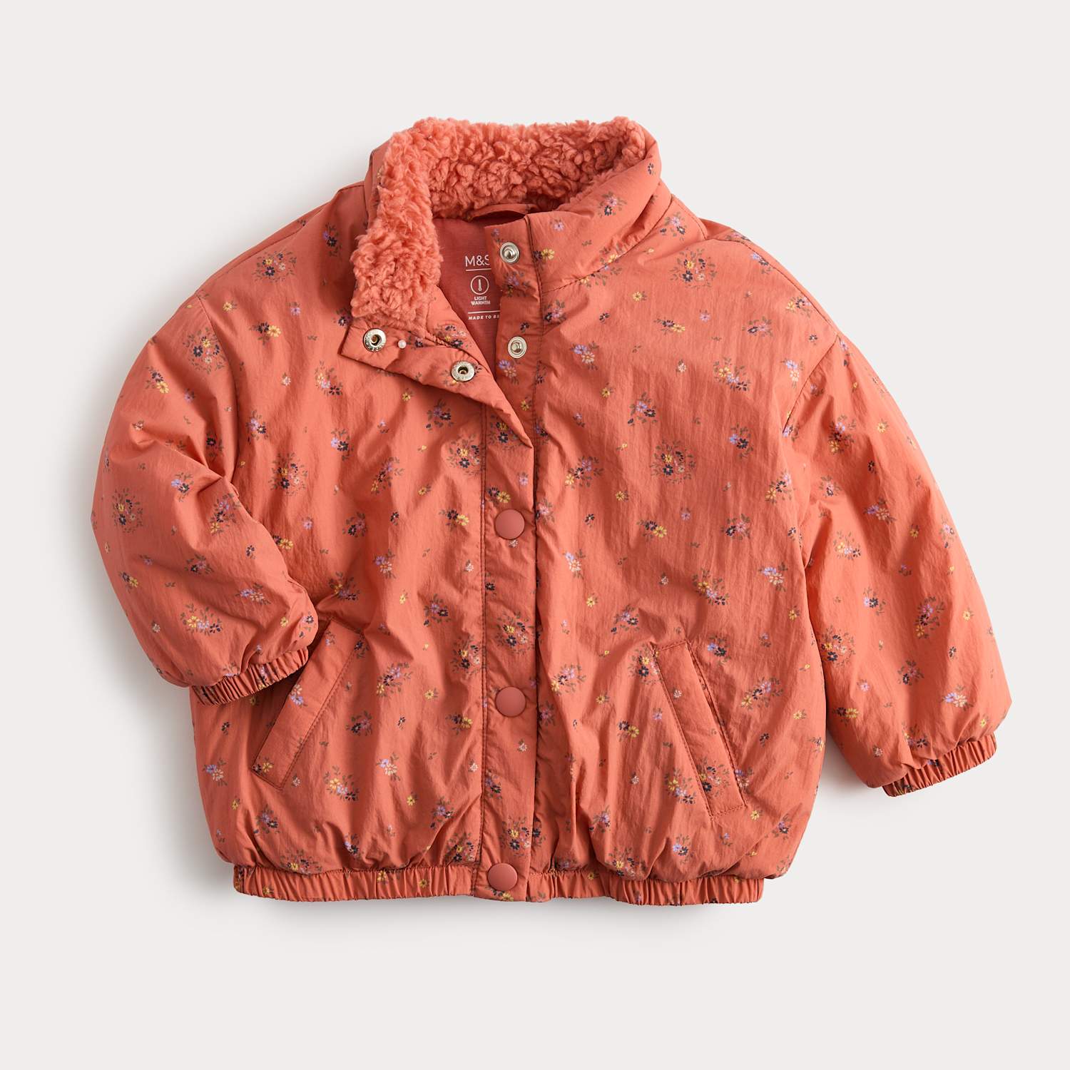 M&S Girls Lightweight Floral Padded Jacket (0-5 Yrs) - 6-9 Months - Orange Mix