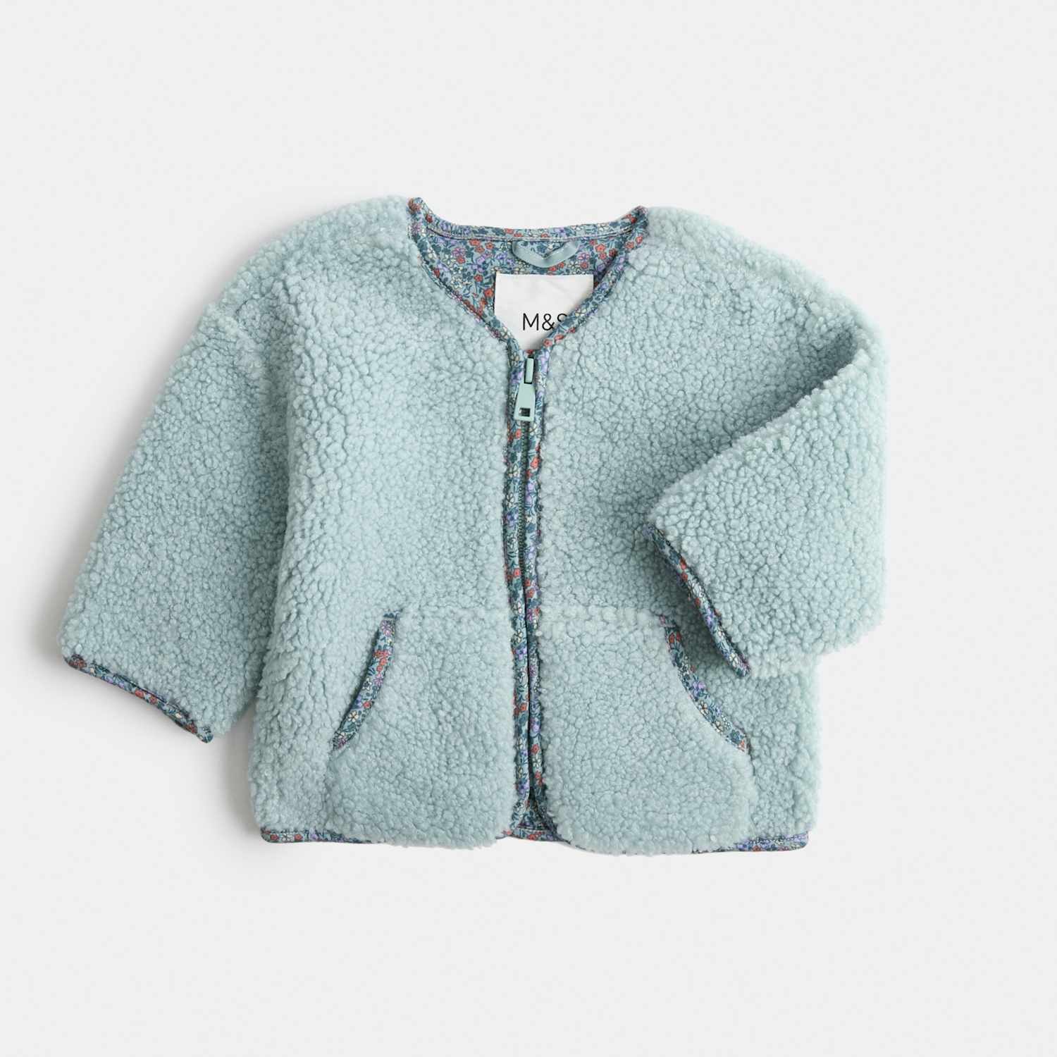 M&S Girls Borg Floral Trim Jacket (0-5 Yrs) - 0-3 Months - Green Mix