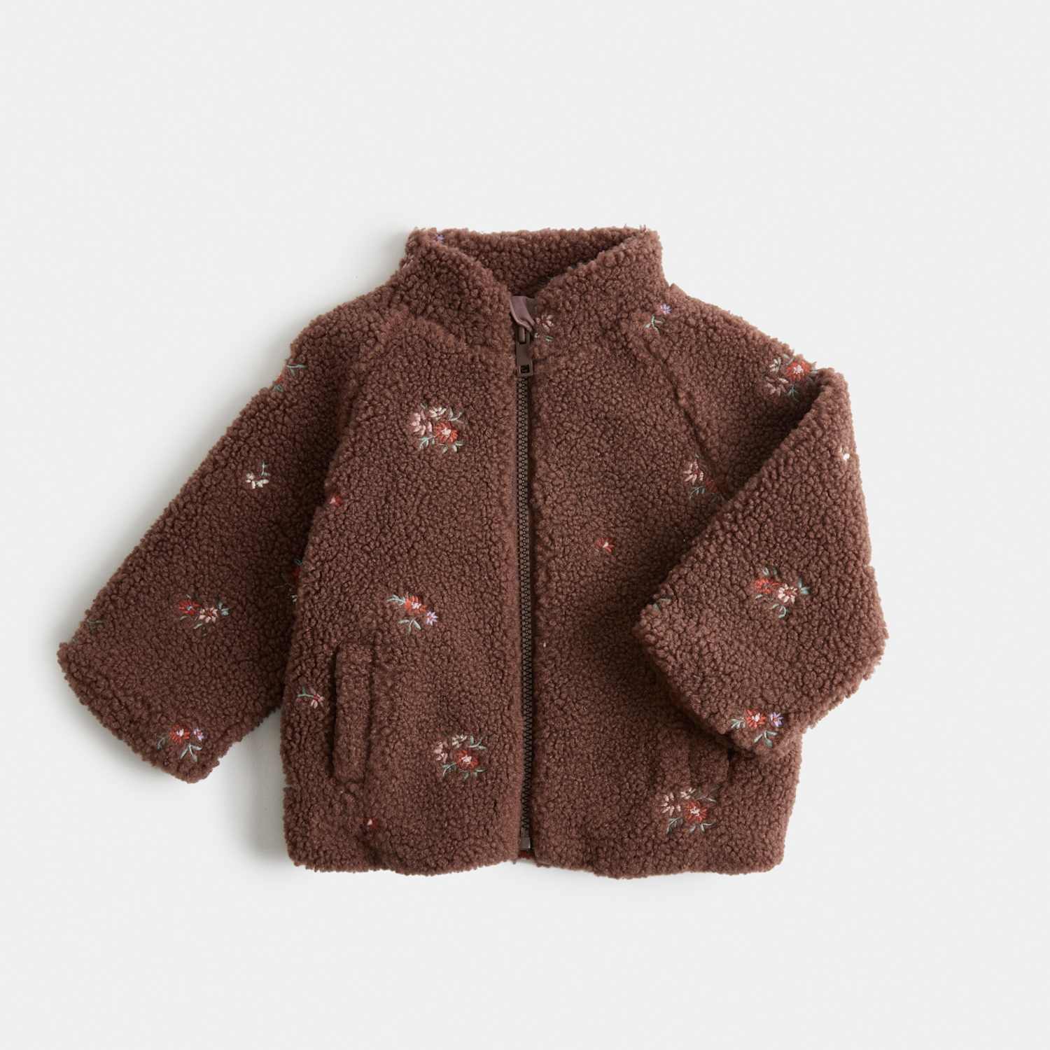 M&S Girls Borg Floral Jacket (0-5 Yrs) - 6-9 Months - Brown Mix