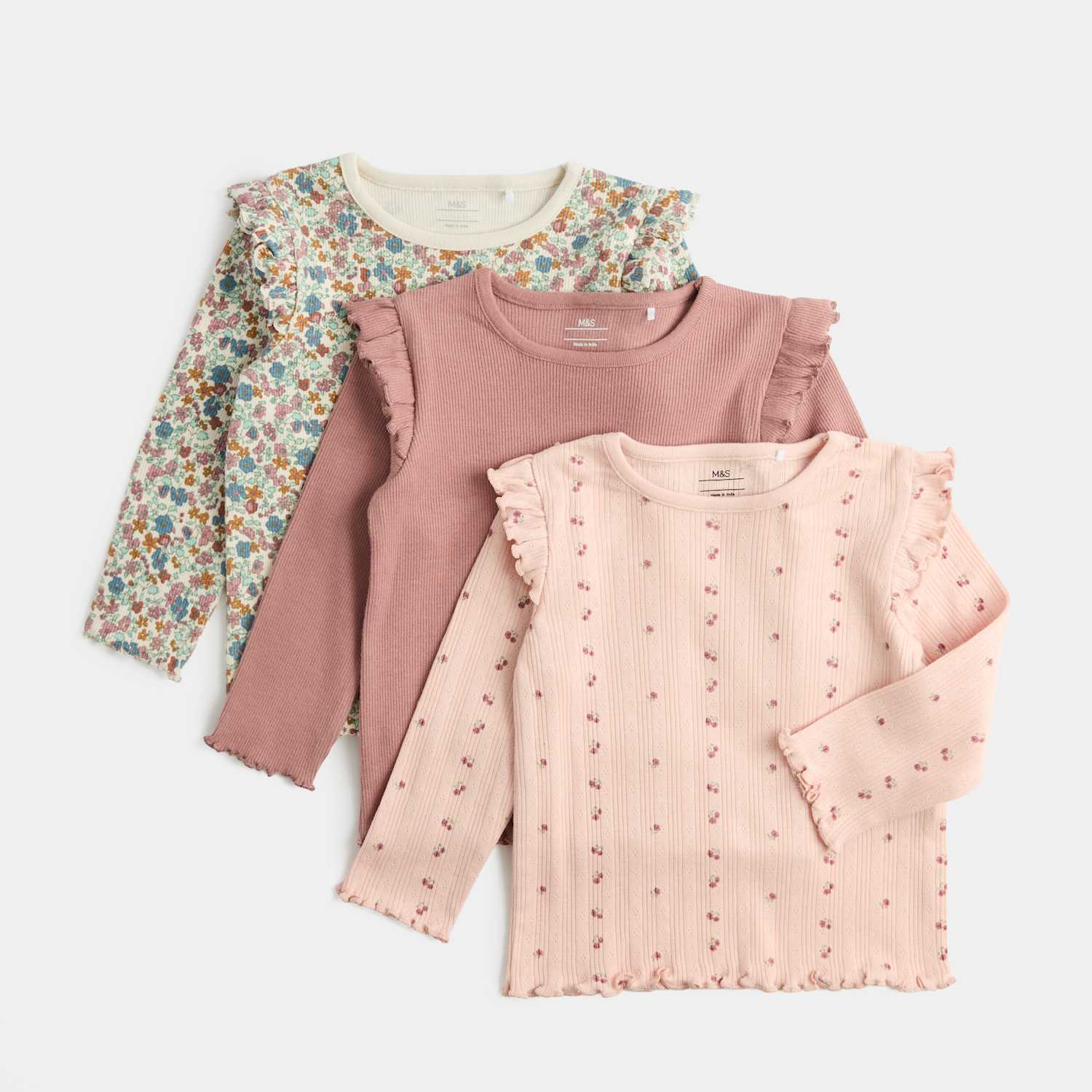M&S Girls 3 Pack Pure Cotton Jersey Floral Tops (0-5 Yrs) - 3-6 Months - Pink Mix