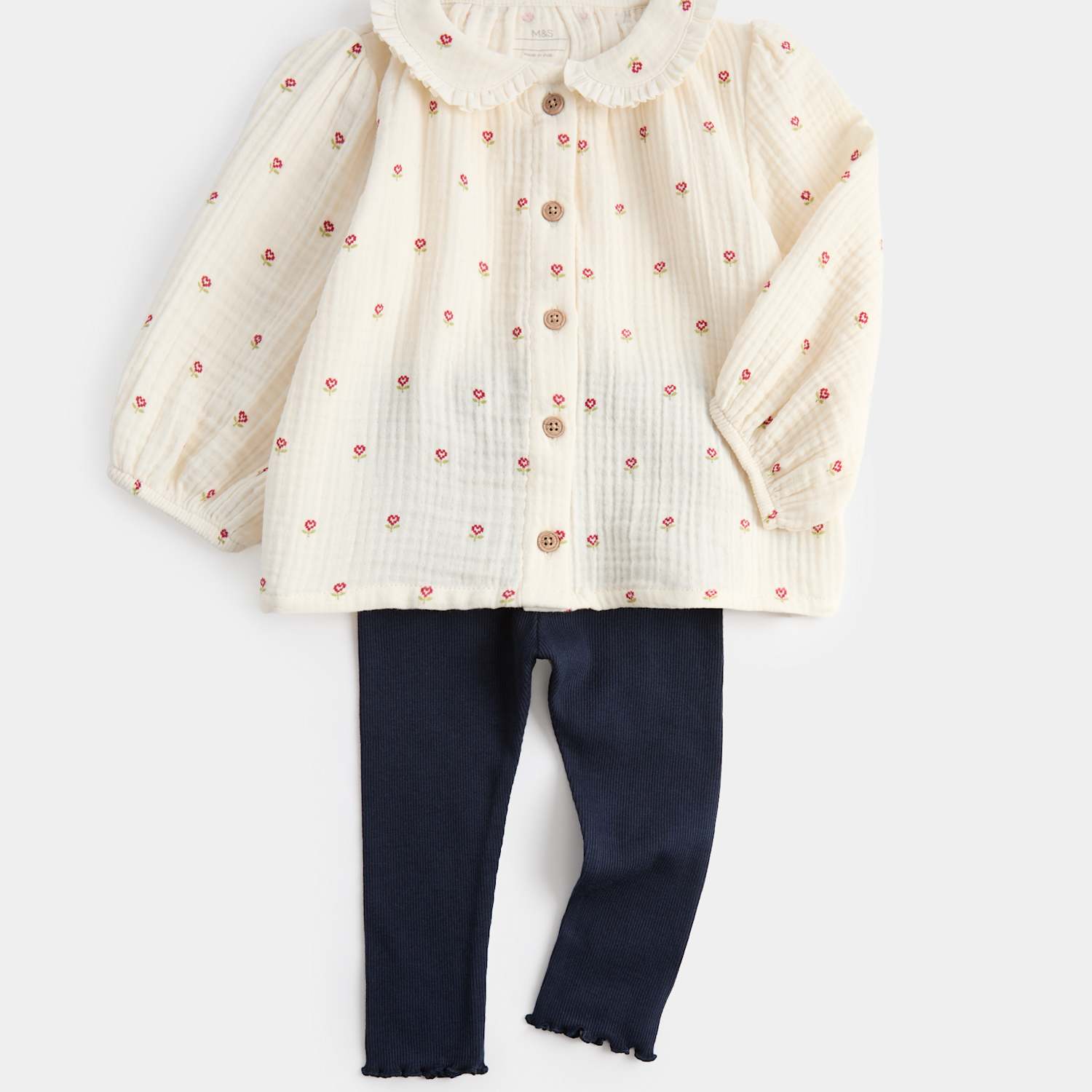 M&S Girls Cotton Rich Heart Woven Blouse Outfit (0-5 Yrs) - 4-5 Years - Navy Mix