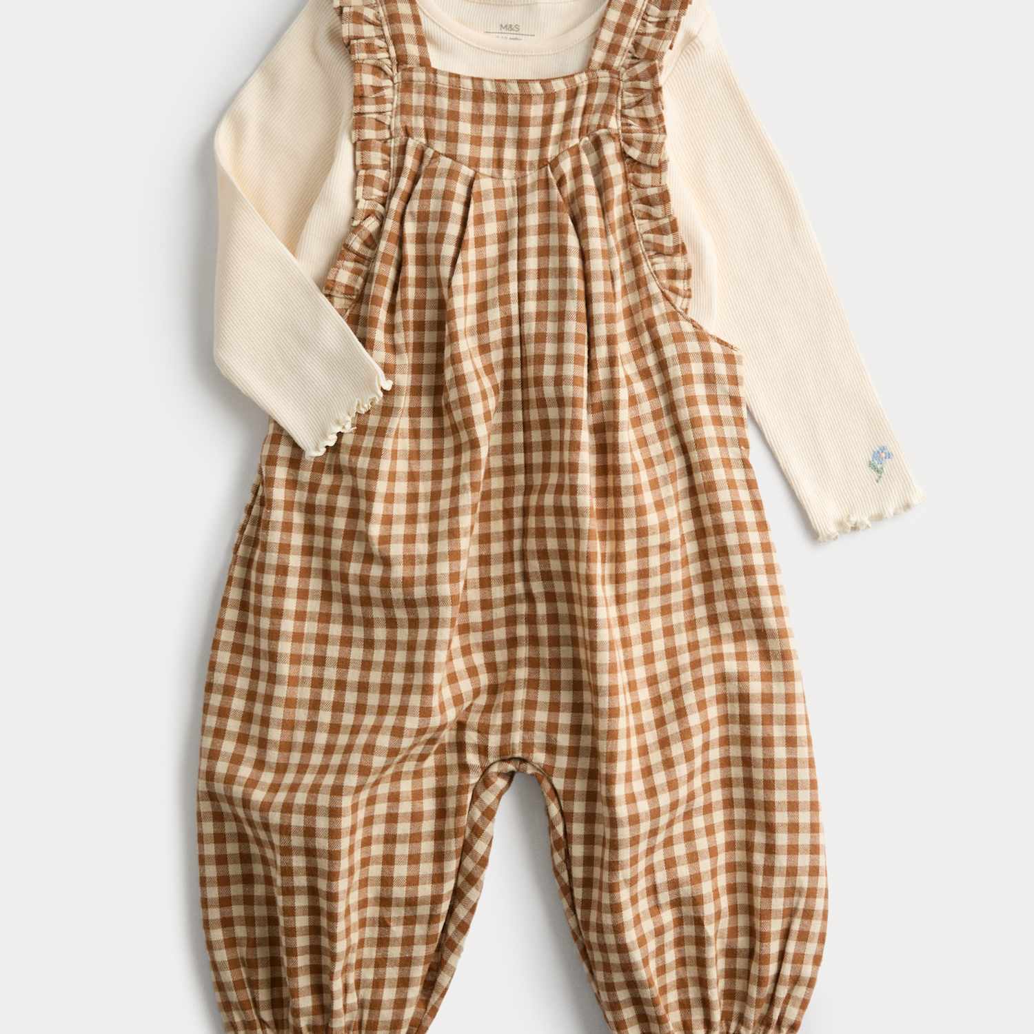 M&S Girls 2 Piece Top & Dungaree Set (0-6 Yrs) - 2-3 Years - Brown Mix