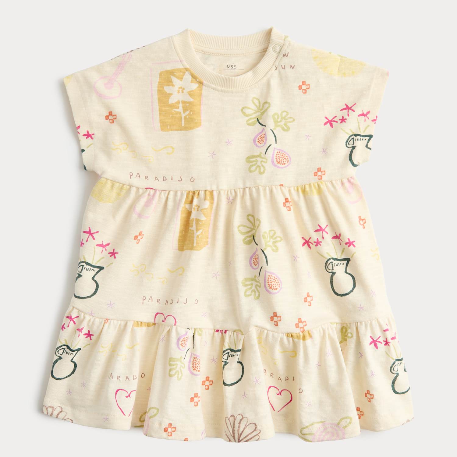 M&S Girls Pure Cotton Jersey Paradiso Print Dress (0-5 Yrs) - 0-3 Months - Cream Mix