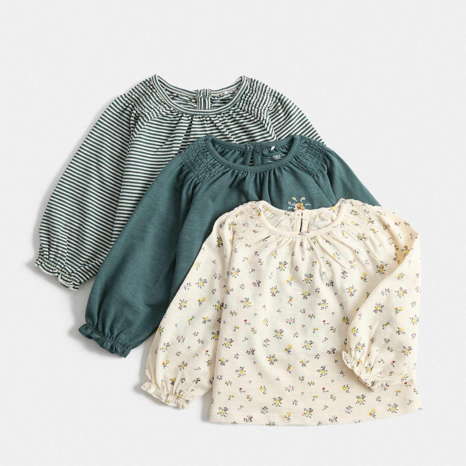 M&S Girls 3 Pack Pure Cotton Floral Long Sleeve Tops (0-5 Yrs) - 4-5 Years - Blue Mix