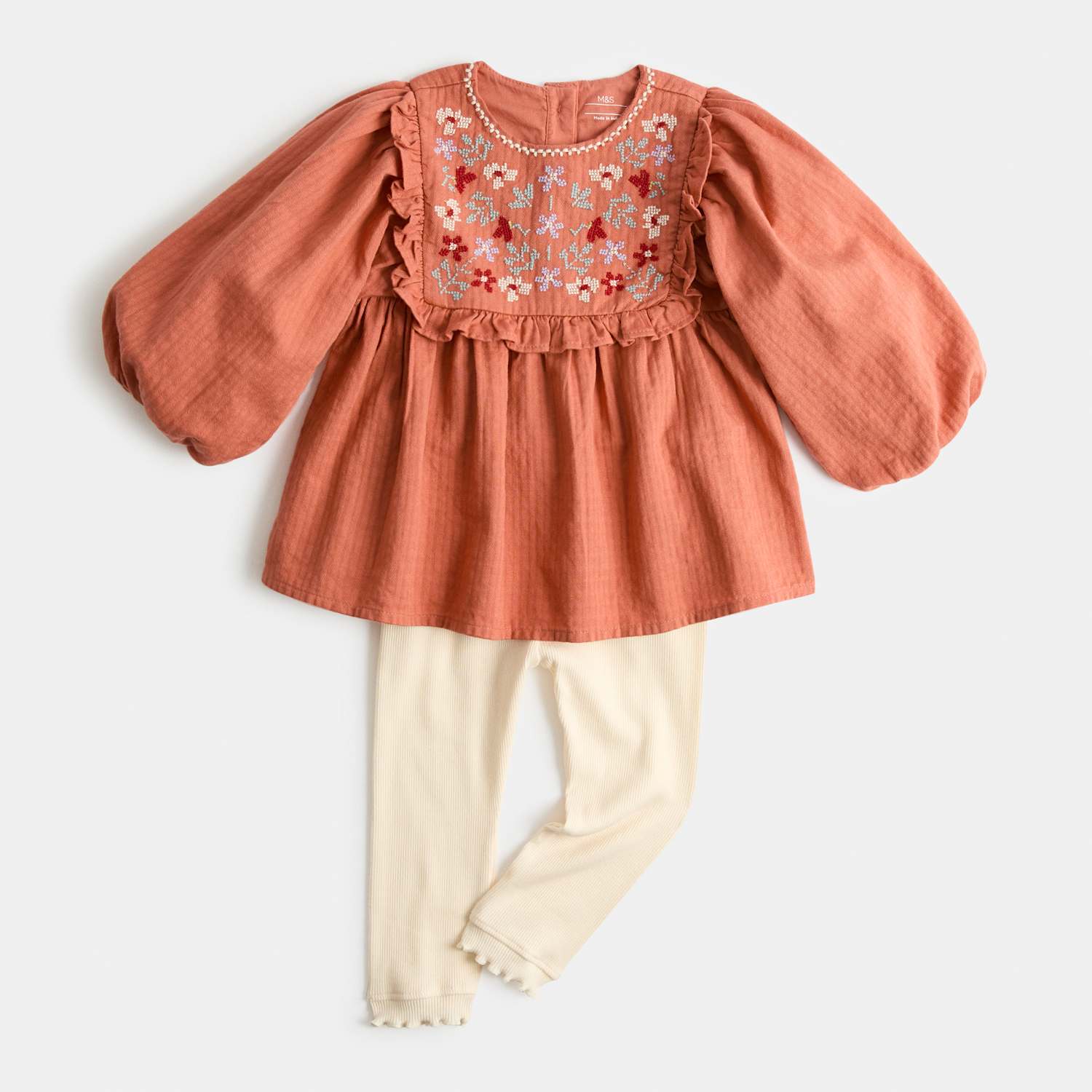 M&S Girls Pure Cotton Embroidered Top & Bottom Outfit (0-5 Yrs) - 6-9 Months - Orange Mix
