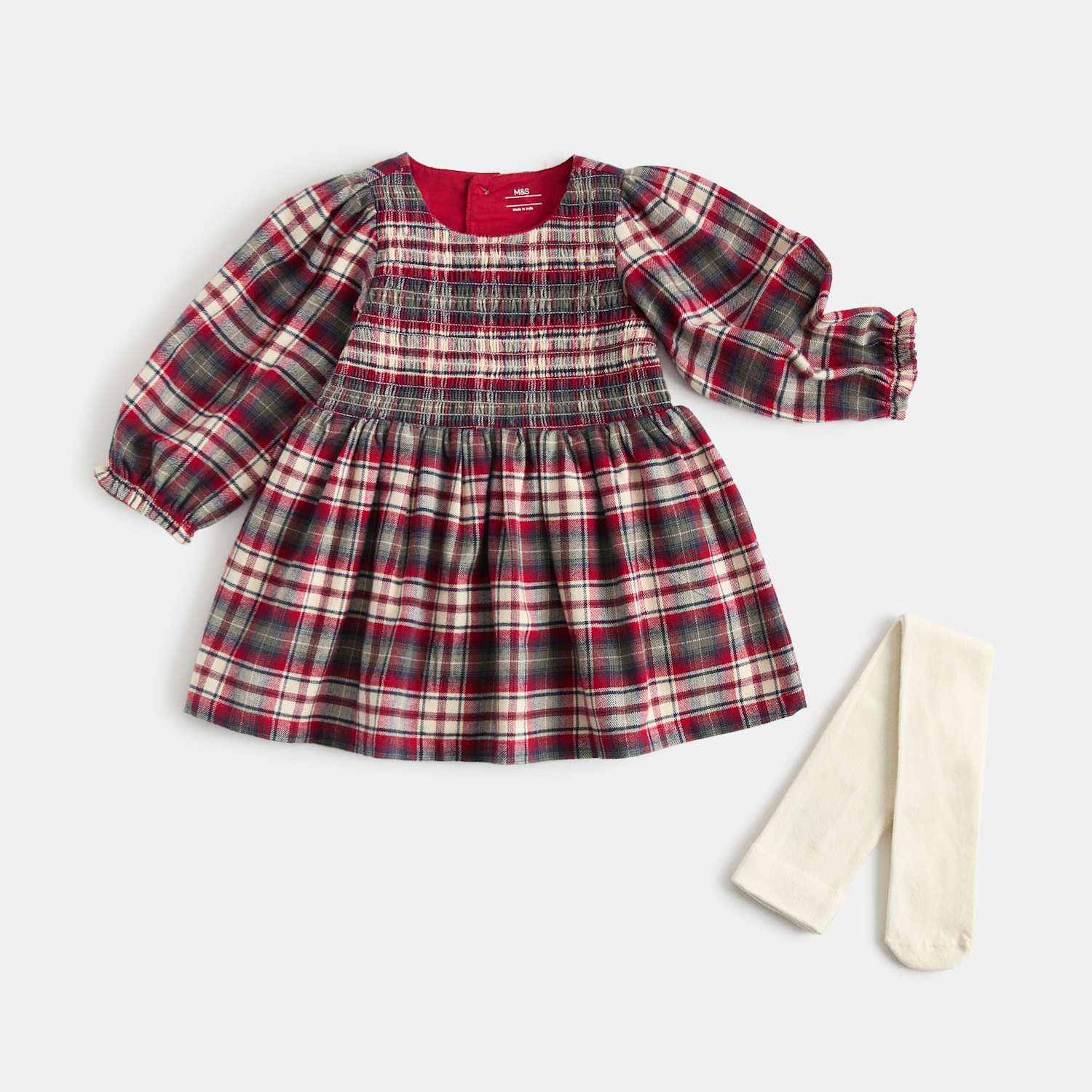 M&S Girls 2 Pack Pure Cotton Checked Dress with Tights - 2-3 Years - Red Mix