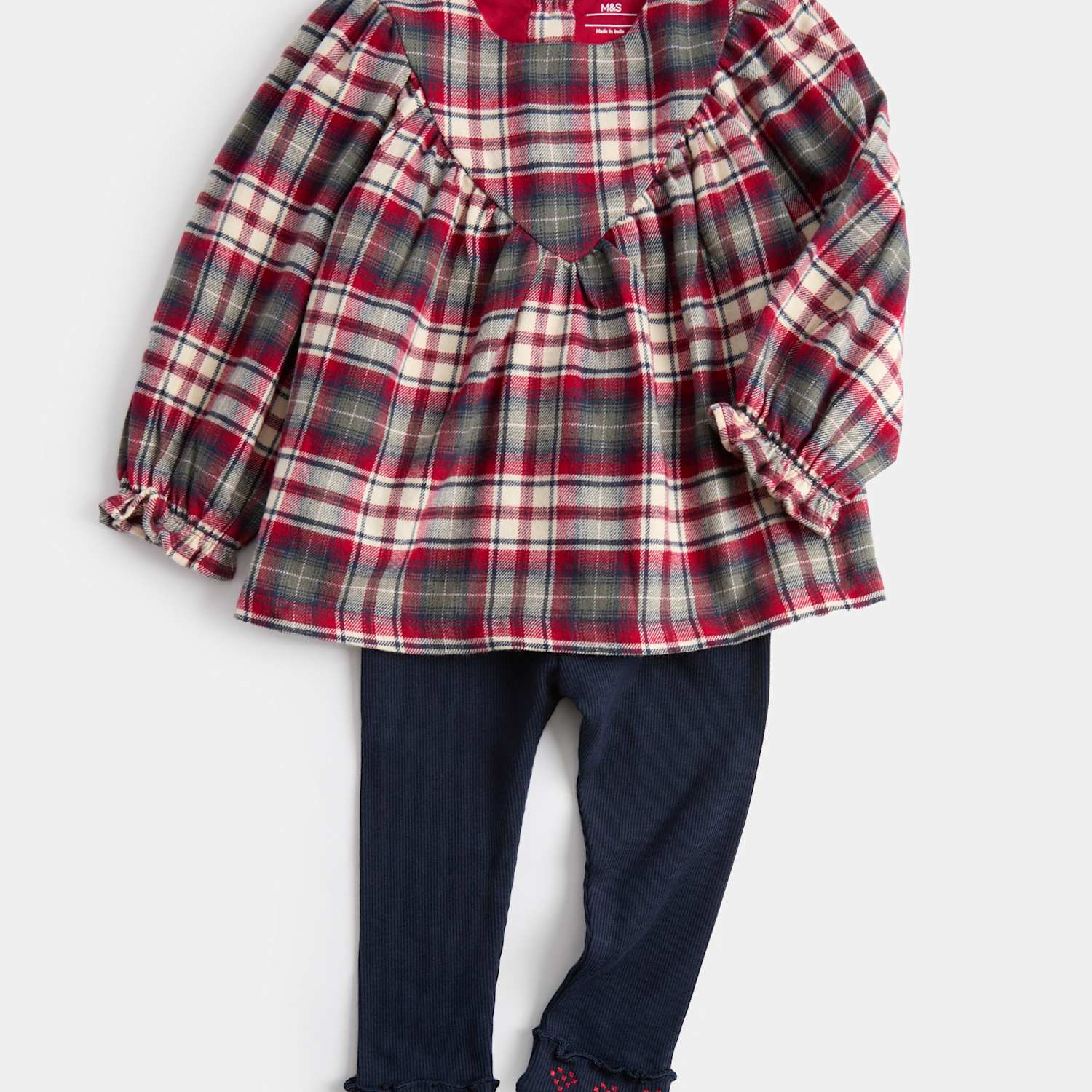 M&S Girls 2pc Pure Cotton Checked Top & Bottom Outfit (0-5 Yrs) - 0-3 Months - Red Mix