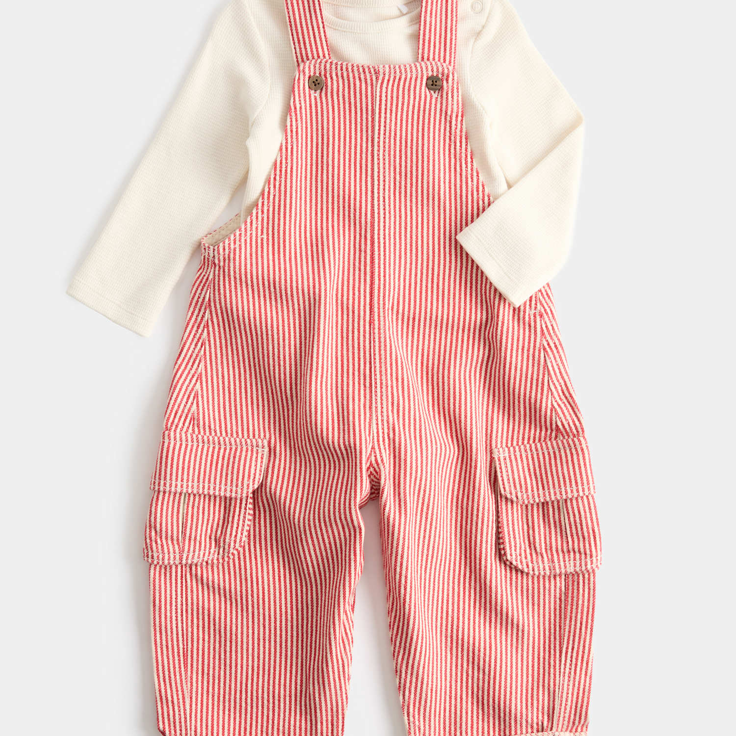 M&S Boys 2pc Striped Dungaree Outfit (0-3 Yrs) - 12-18 Months - Red