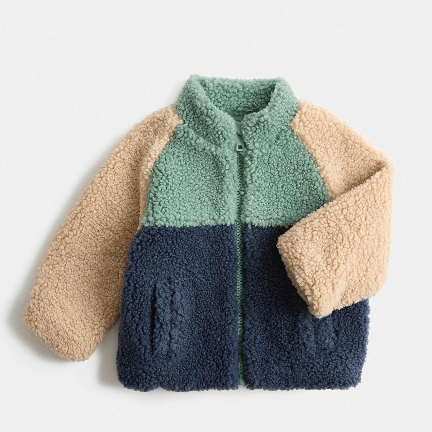 M&S Boys Borg Colour Block Funnel Neck Jacket (0-5 Yrs) - 12-18 Months - Green Mix