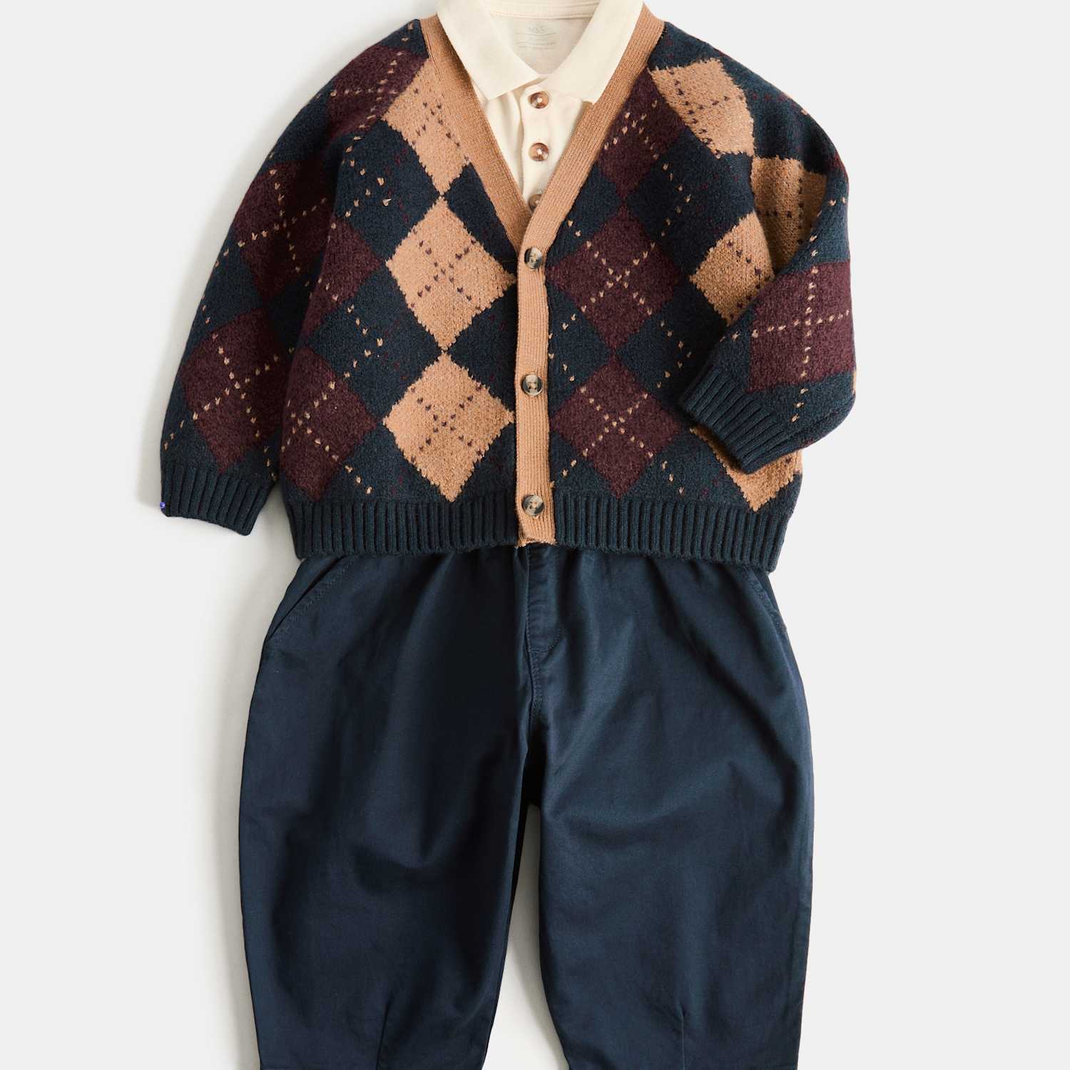 M&S Boys Cotton Argyle Cardigan, Shirt and Trouser Outfit (0-5 Yrs) - 4-5 Years - Navy Mix