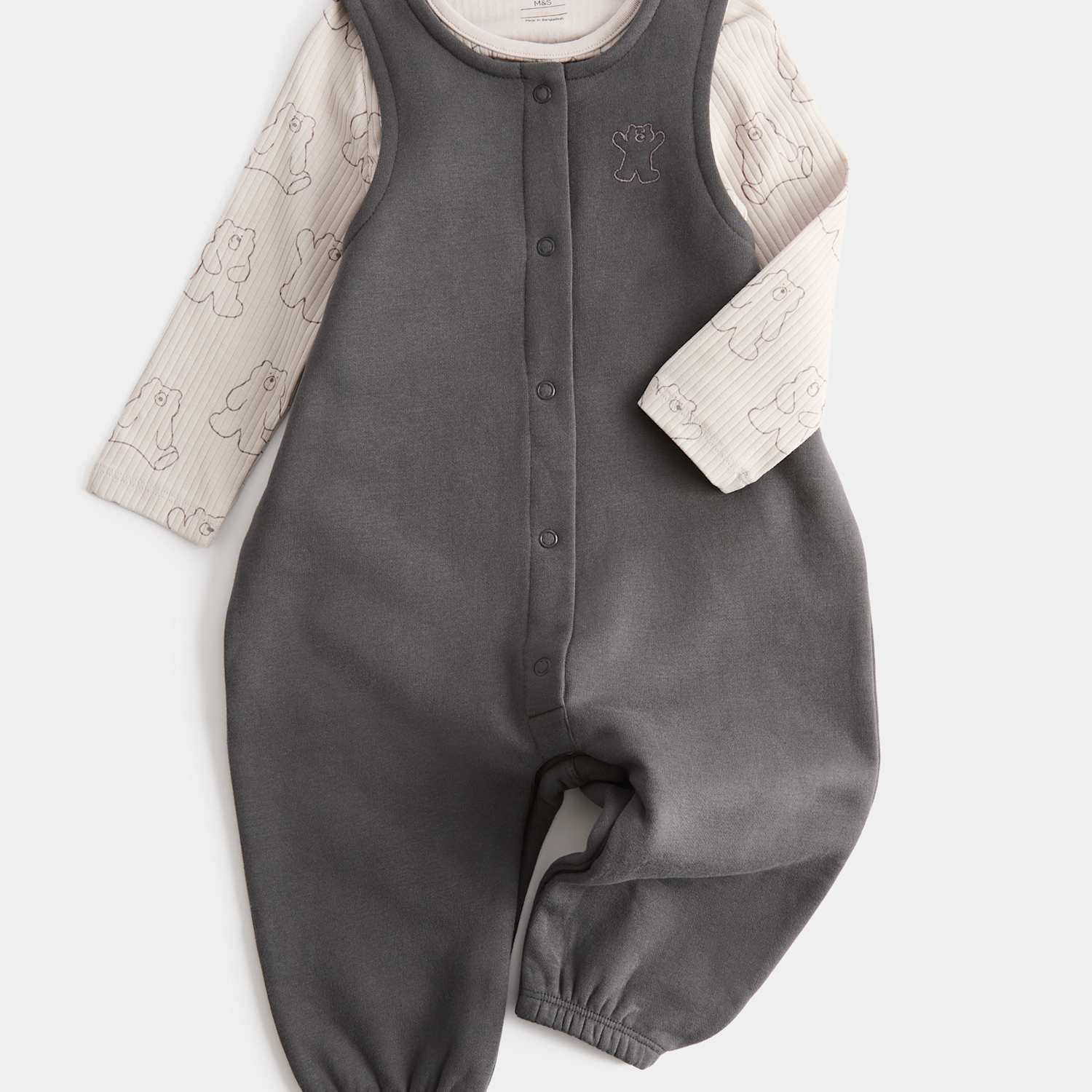M&S Boys 2 Piece Cotton Rich Jersey Bear Dungarees (0 Mths-3 Yrs) - 12-18 Months - Grey