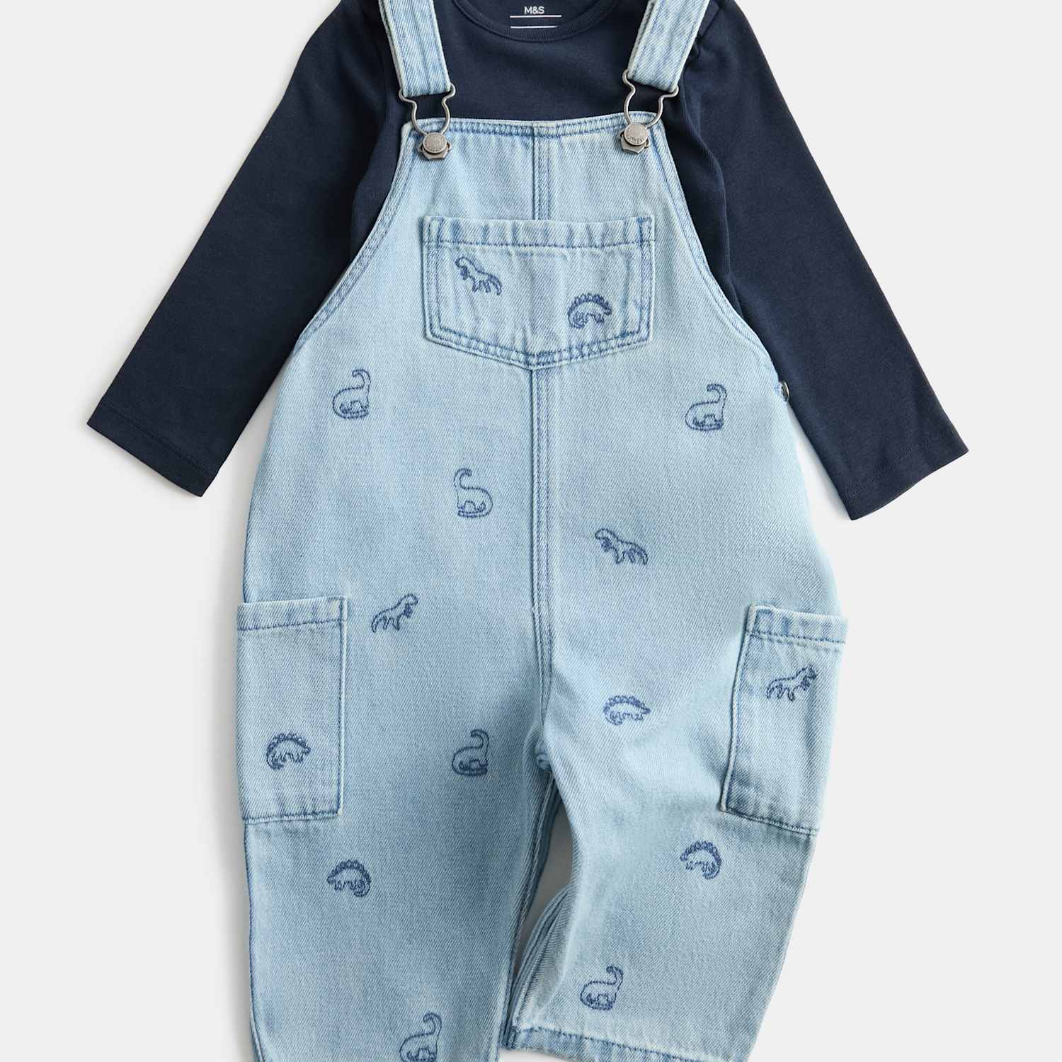 M&S Boys Pure Cotton Embroidered Denim Dungaree Outfit (0-3 Yrs) - 3-6 Months - Denim Mix