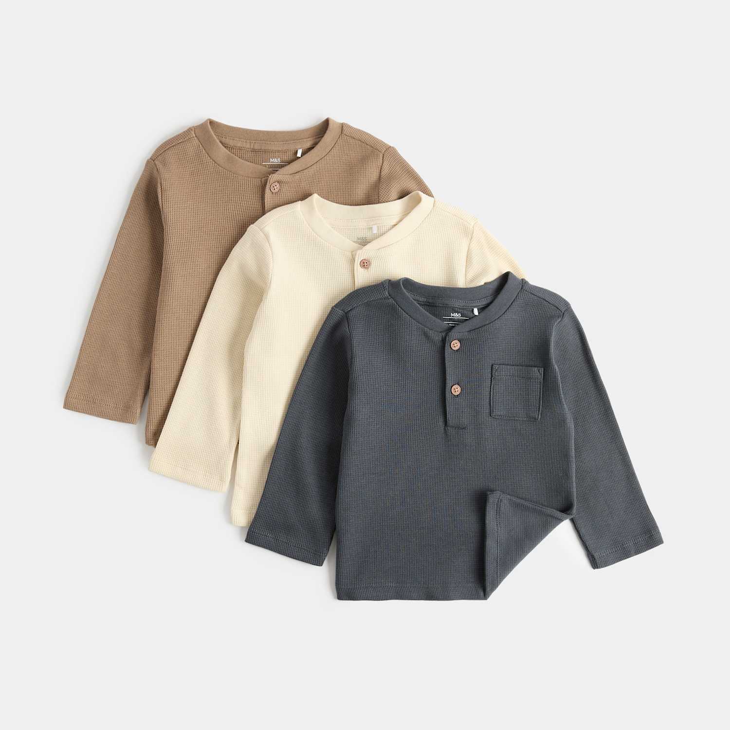 M&S Boys 3 Pack Pure Cotton Grandad Tops (0-5 Yrs) - 18-24 Months - Brown Mix