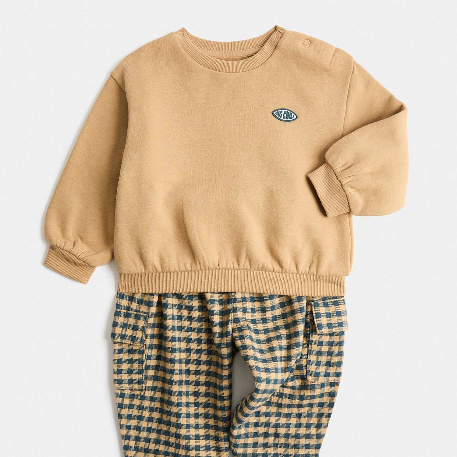 M&S Boys Cotton Rich Checked Sweatshirt & Trouser Set (0-5 Yrs) - 3-4 Years - Brown Mix