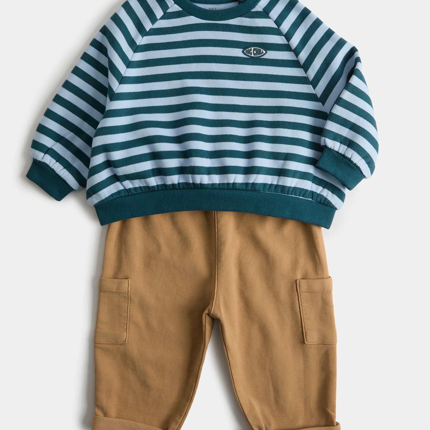 M&S Boys Cotton Rich Striped Slogan Sweatshirt with Chinos Outfit (0 Mths-5 Yrs) - 3-6 Months - Teal Mix