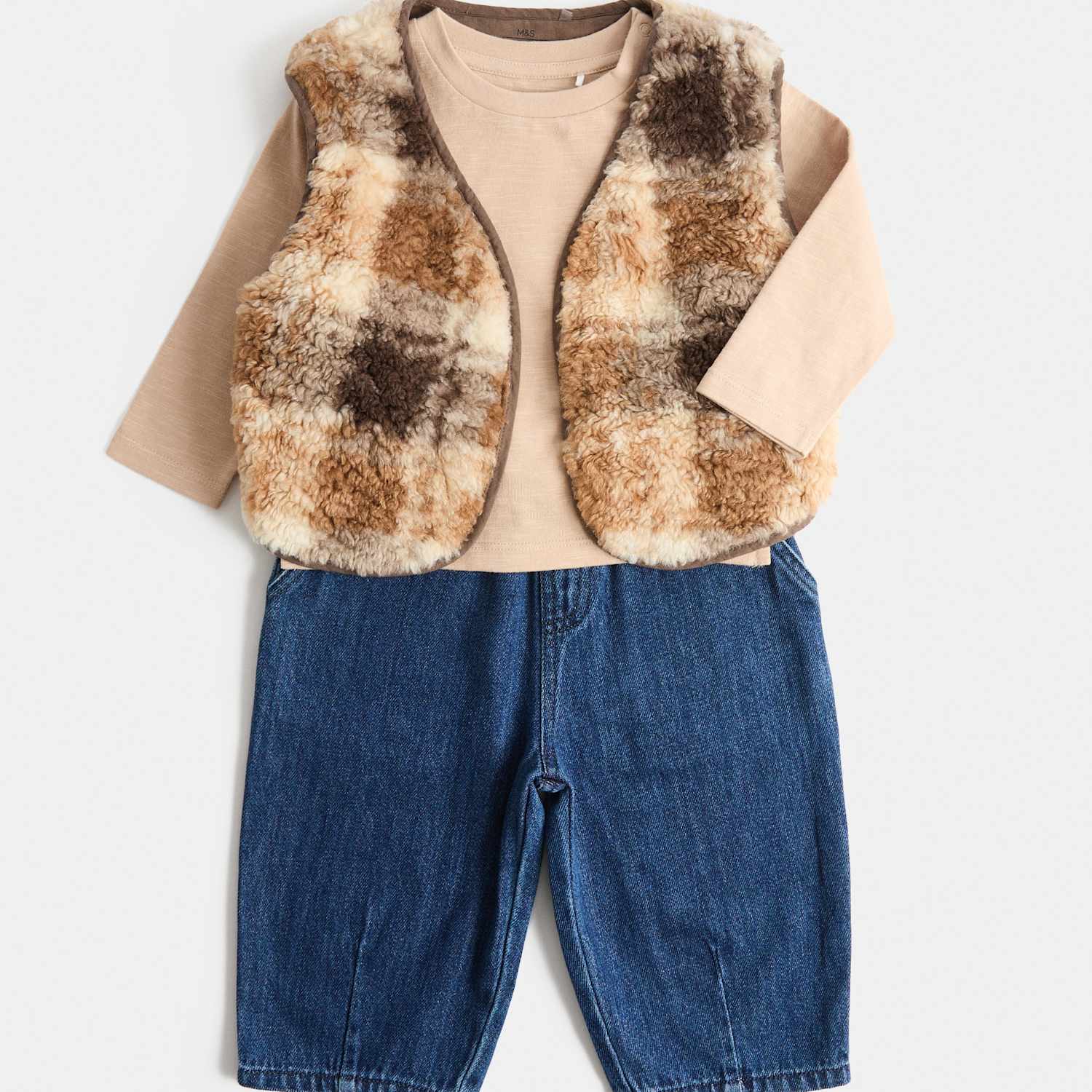 M&S Boys Gilet, Top and Jean Outfit (0-5 Yrs) - 9-12 Months - Brown Mix