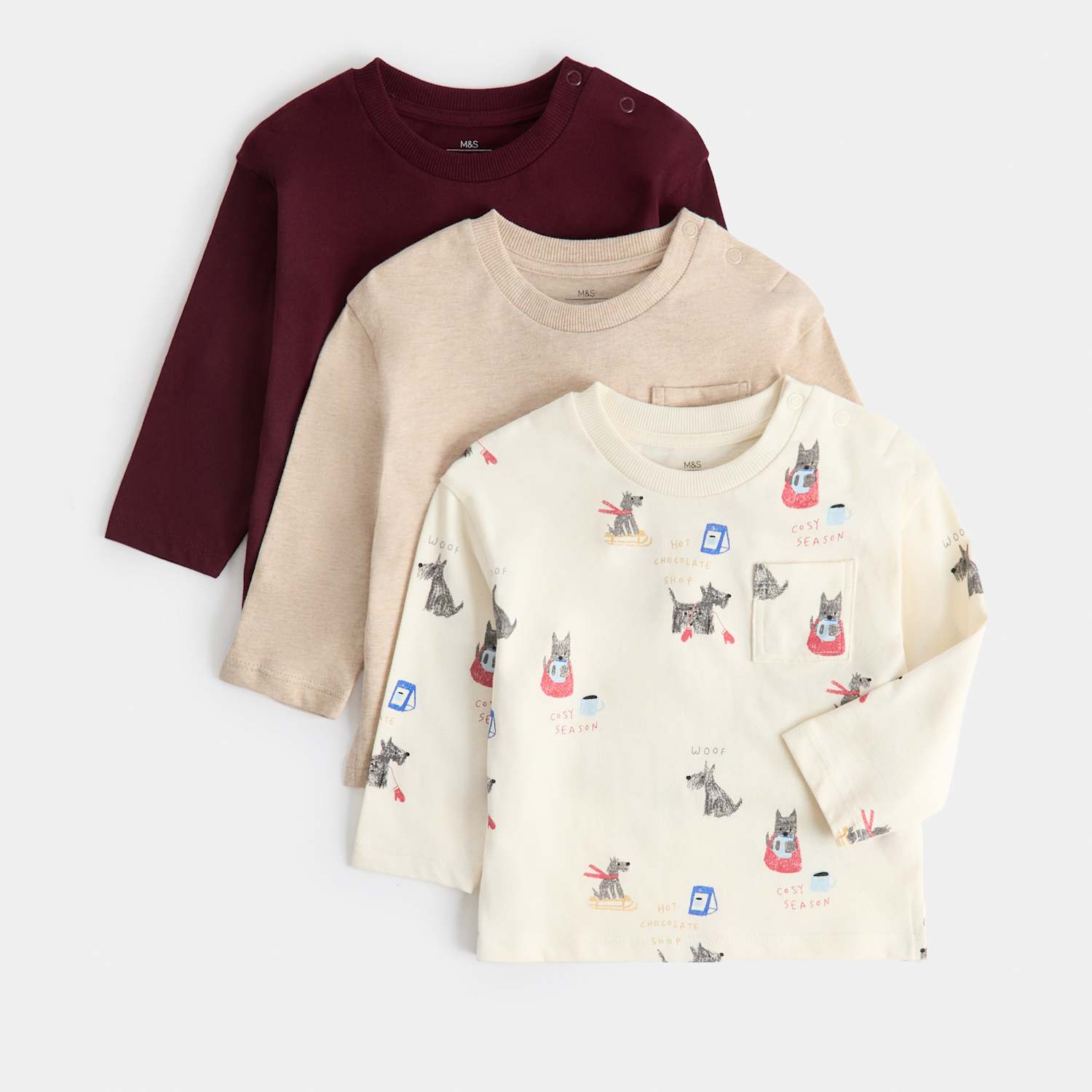 M&S Boys 3 Pack Pure Cotton Scotty Dog Print Tops (0-5 Yrs) - 12-18 Months - Cream Mix