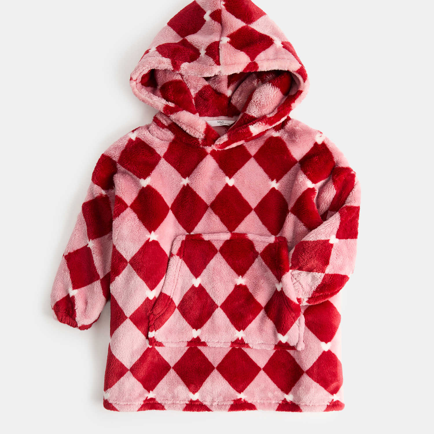 M&S Girls Harlequin Patterned Fleece Hoodie - 11-12 Years - Red Mix