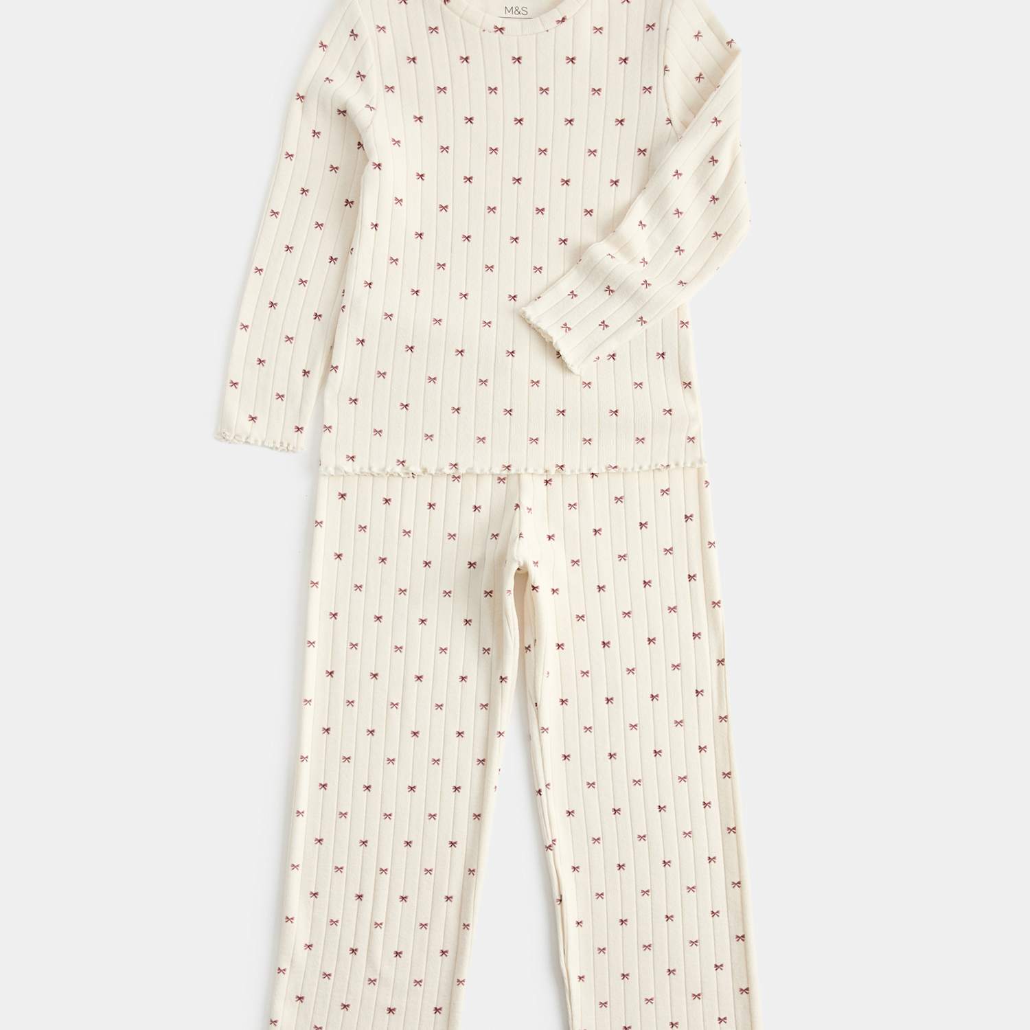 M&S Girls Cosy Ribbed Bow Pyjama Set (6-16 Yrs) - 9-10 Years - Ivory Mix