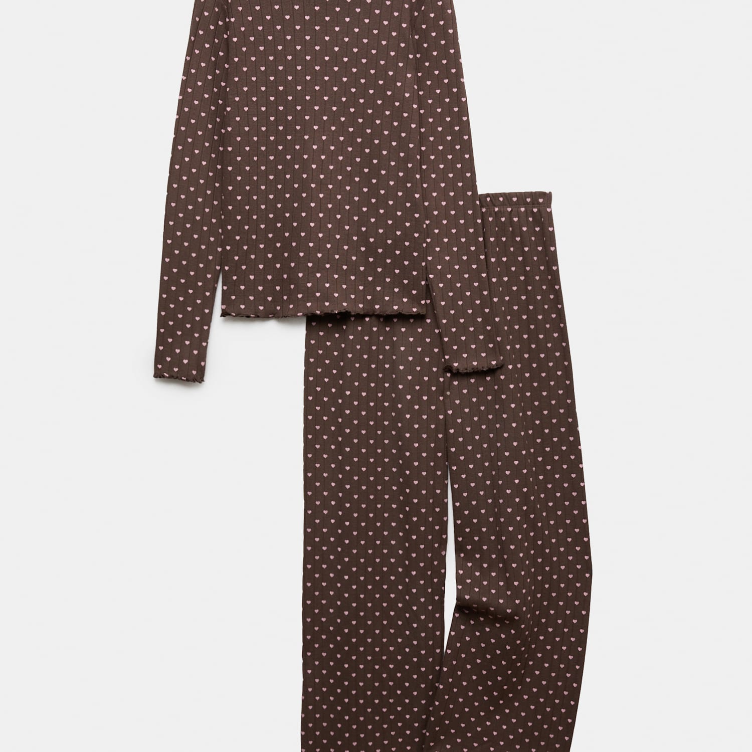 M&S Girls Cosy Ribbed Heart Pyjama Set - 14-15 Years - Brown Mix