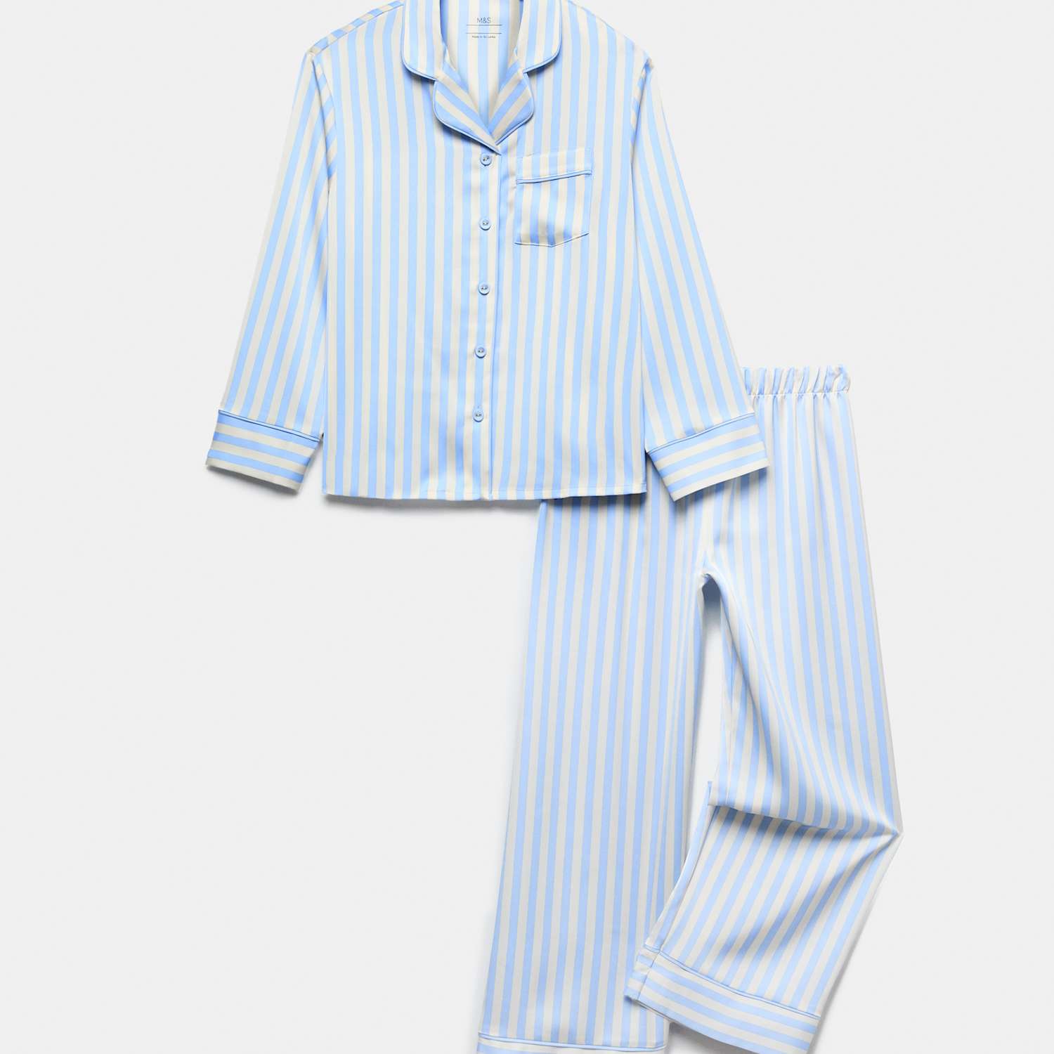 M&S Girls Satin Striped Pyjama Set - 11-12 Years - Blue Mix