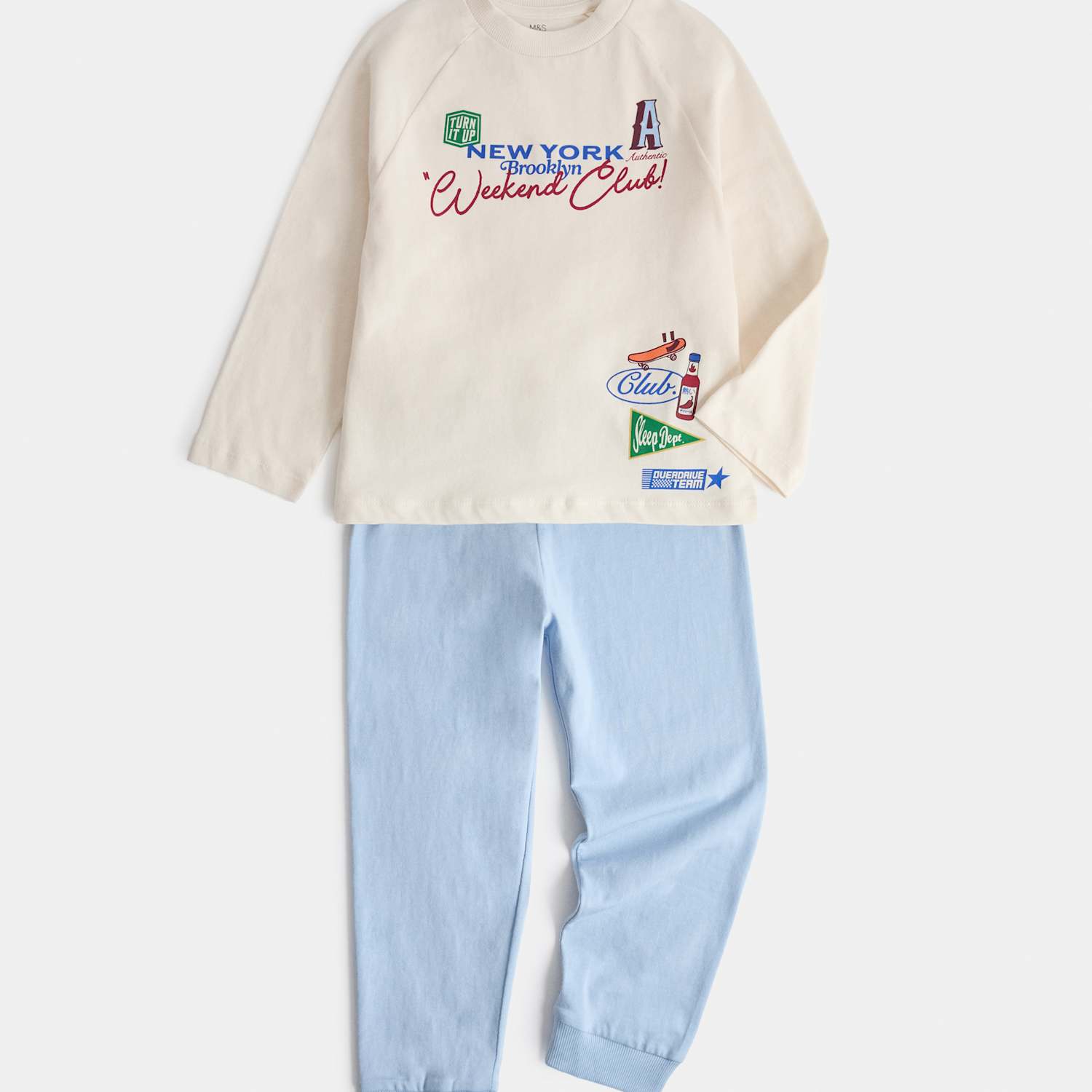M&S Boys Pure Cotton Weekend Club Pyjamas (1-8 Yrs) - 7-8 Years - Blue Mix