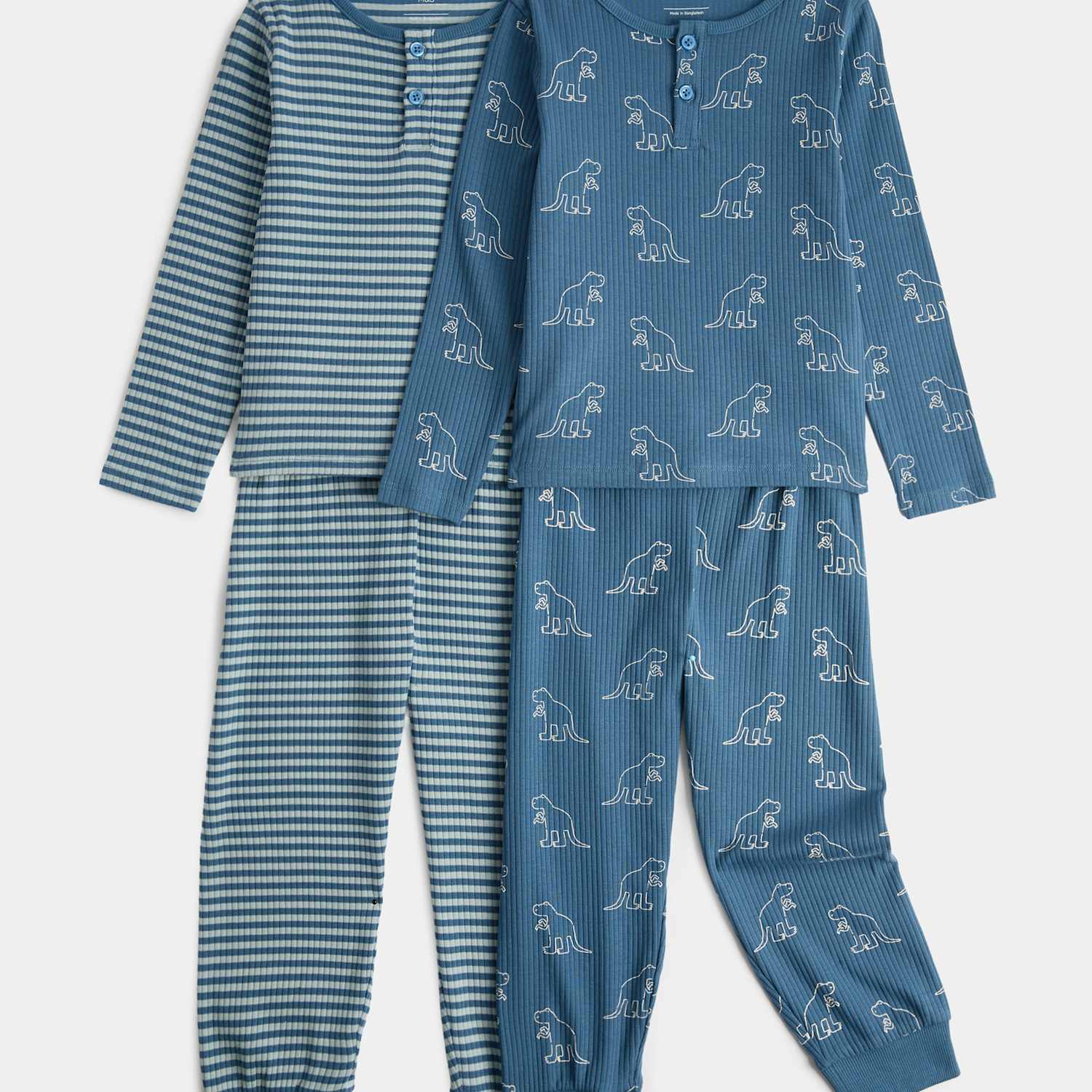 M&S Boys 2 Pack Dino Stripe Ribbed Pyjama Sets (1-8 Yrs) - 5-6 Years - Blue Mix