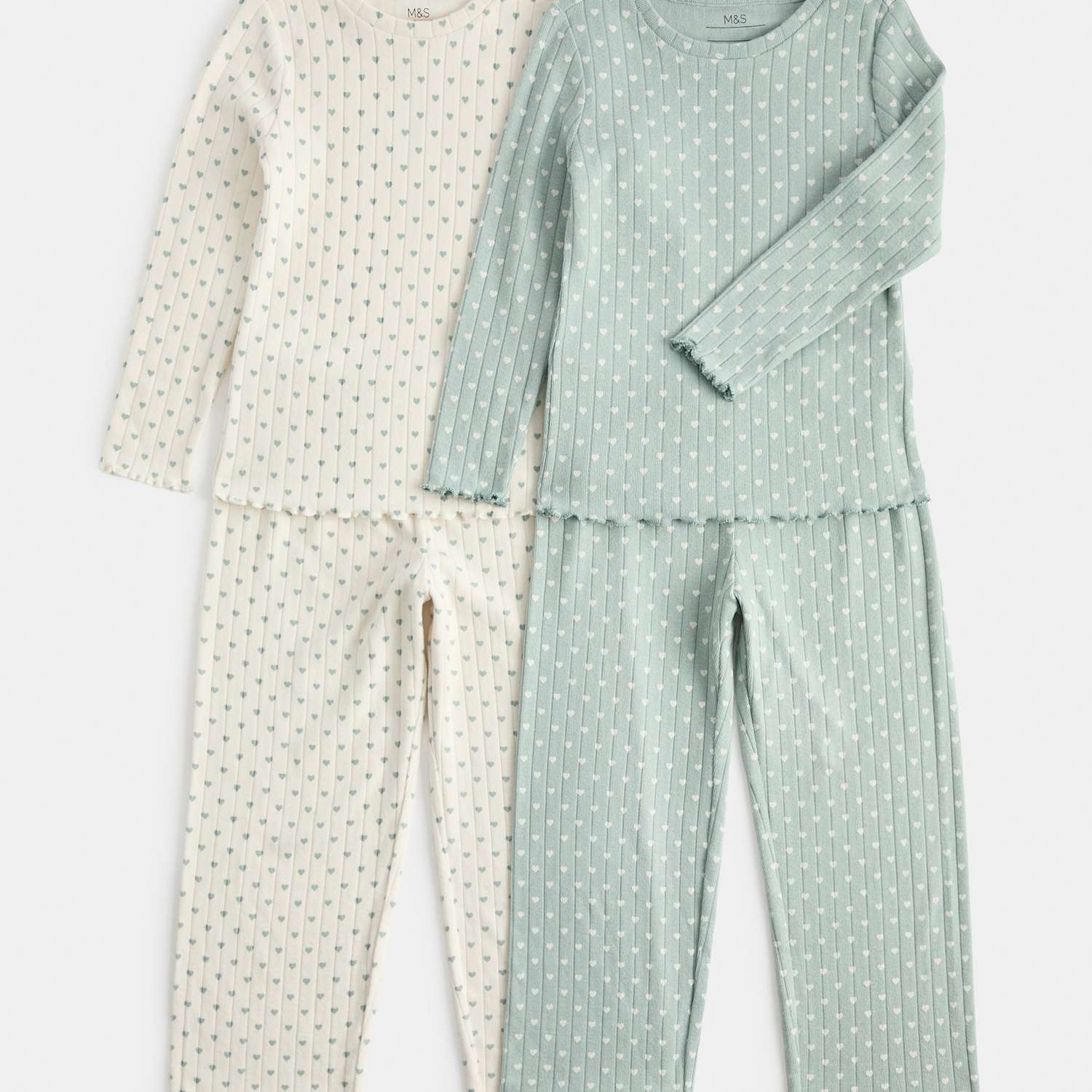 M&S Girls Heart Print Ribbed Long Sleeve Pyjama Set - 18-24 Months - Green Mix