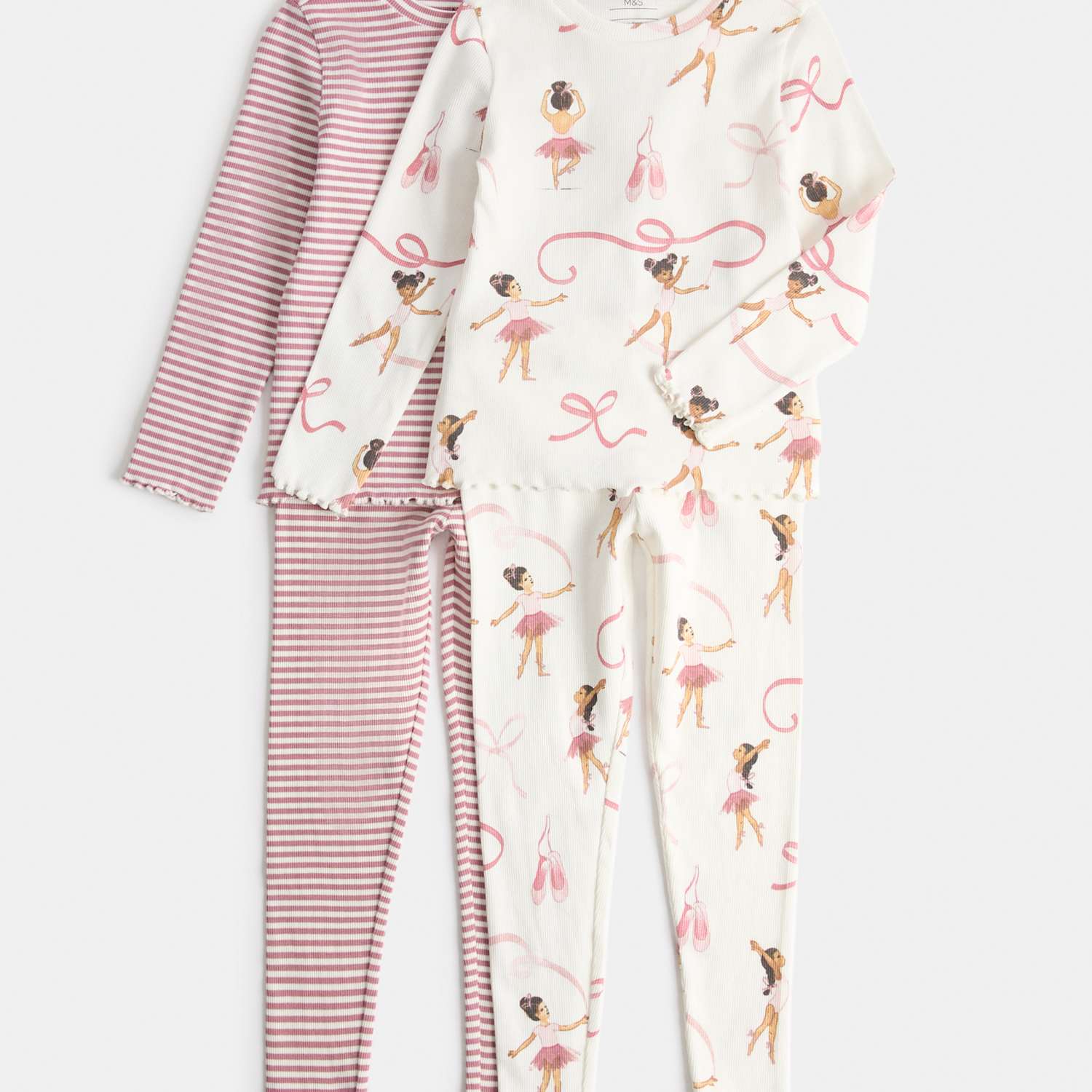 M&S Girls 2 Pack Cotton Rich Ribbed Ballerina Pyjama Sets (1-8 Yrs) - 5-6 Years - Pink Mix