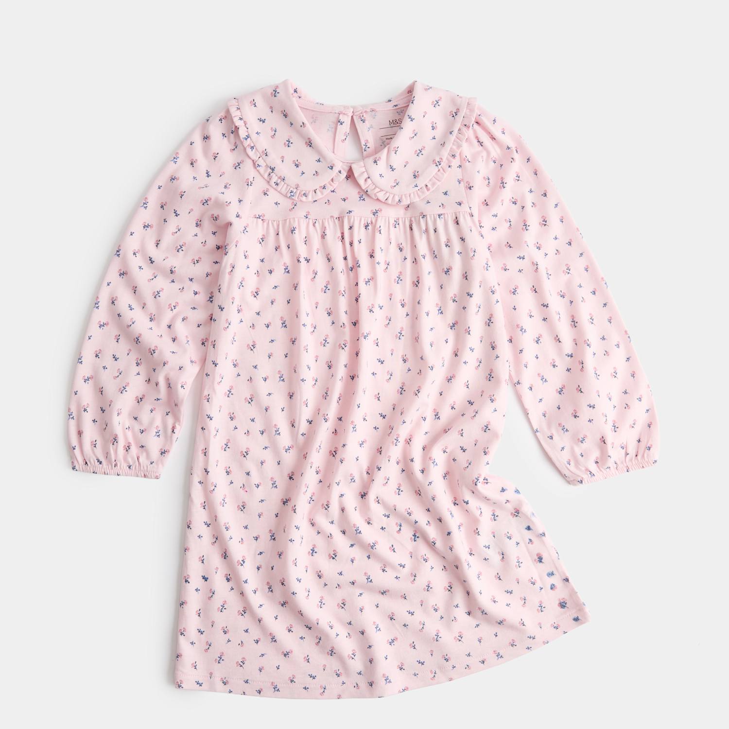 M&S Girls Cotton Blend Ditsy Floral Collared Nightdress (1-8 Yrs) - 3-4 Years - Pink Mix