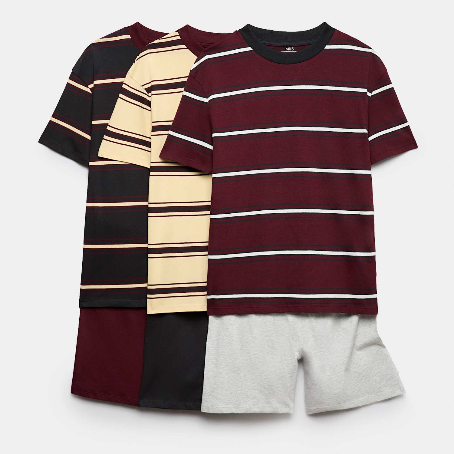 M&S Boys 3 Pack Striped Short Pyjama Sets (6-16 Yrs) - 8-9 Years - Grey Mix