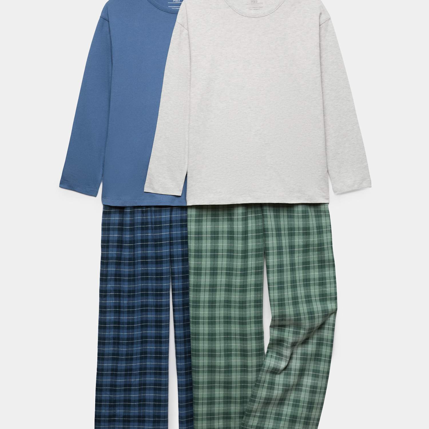M&S Boys 2 Pack Checked Woven Pyjama Sets (6-16 Yrs) - 13-14 Years - Blue Mix