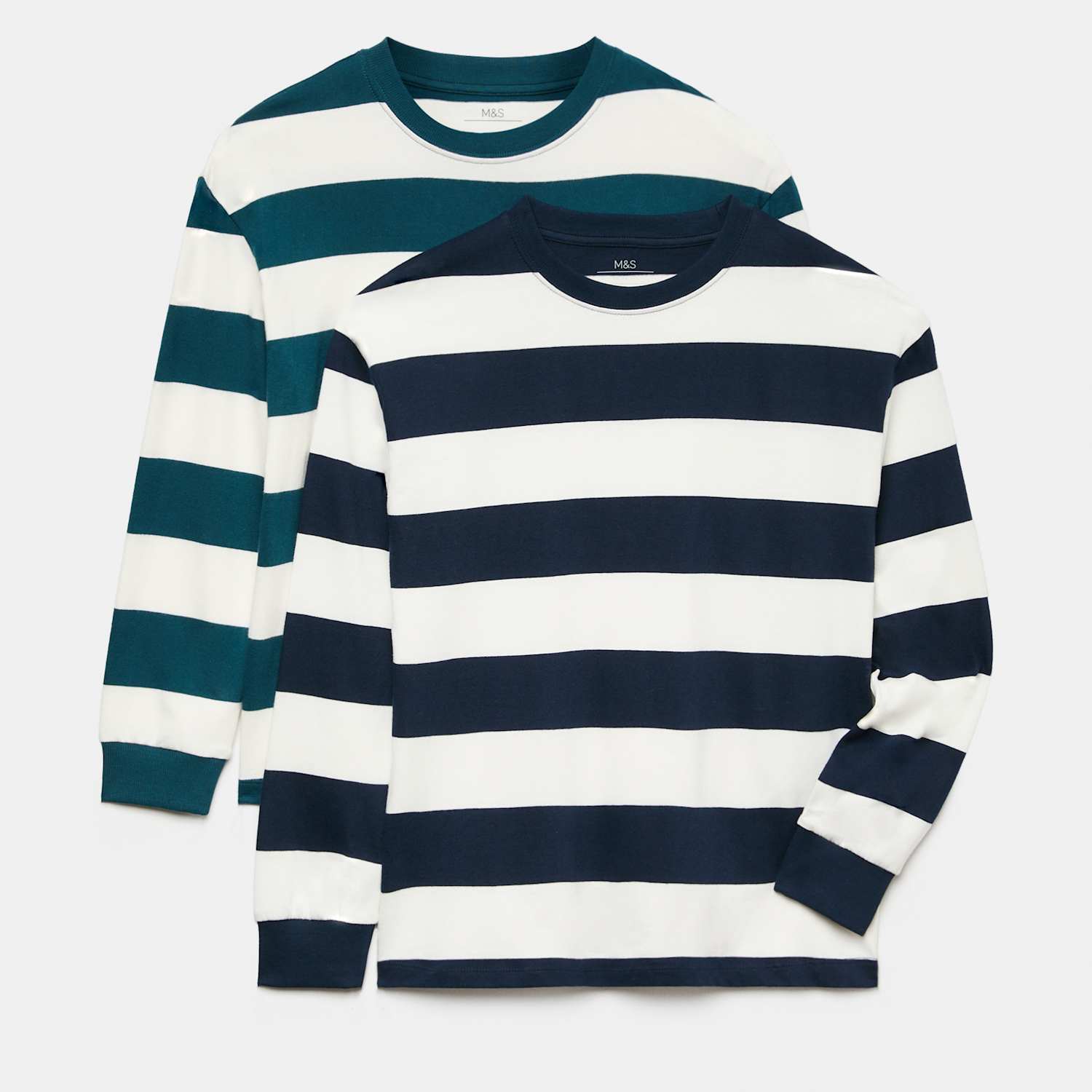 M&S Boys 2 Pack Pure Cotton Striped Tops (6-16 Yrs) - 9-10 Years - Navy Mix